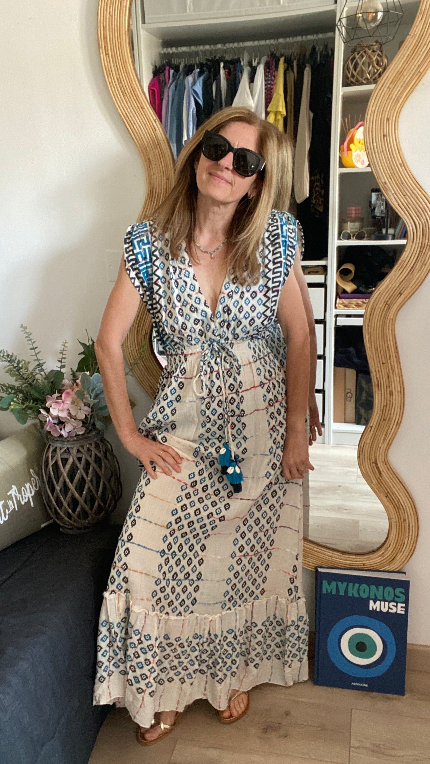 Robe longue bleu/blanc "Bohème"