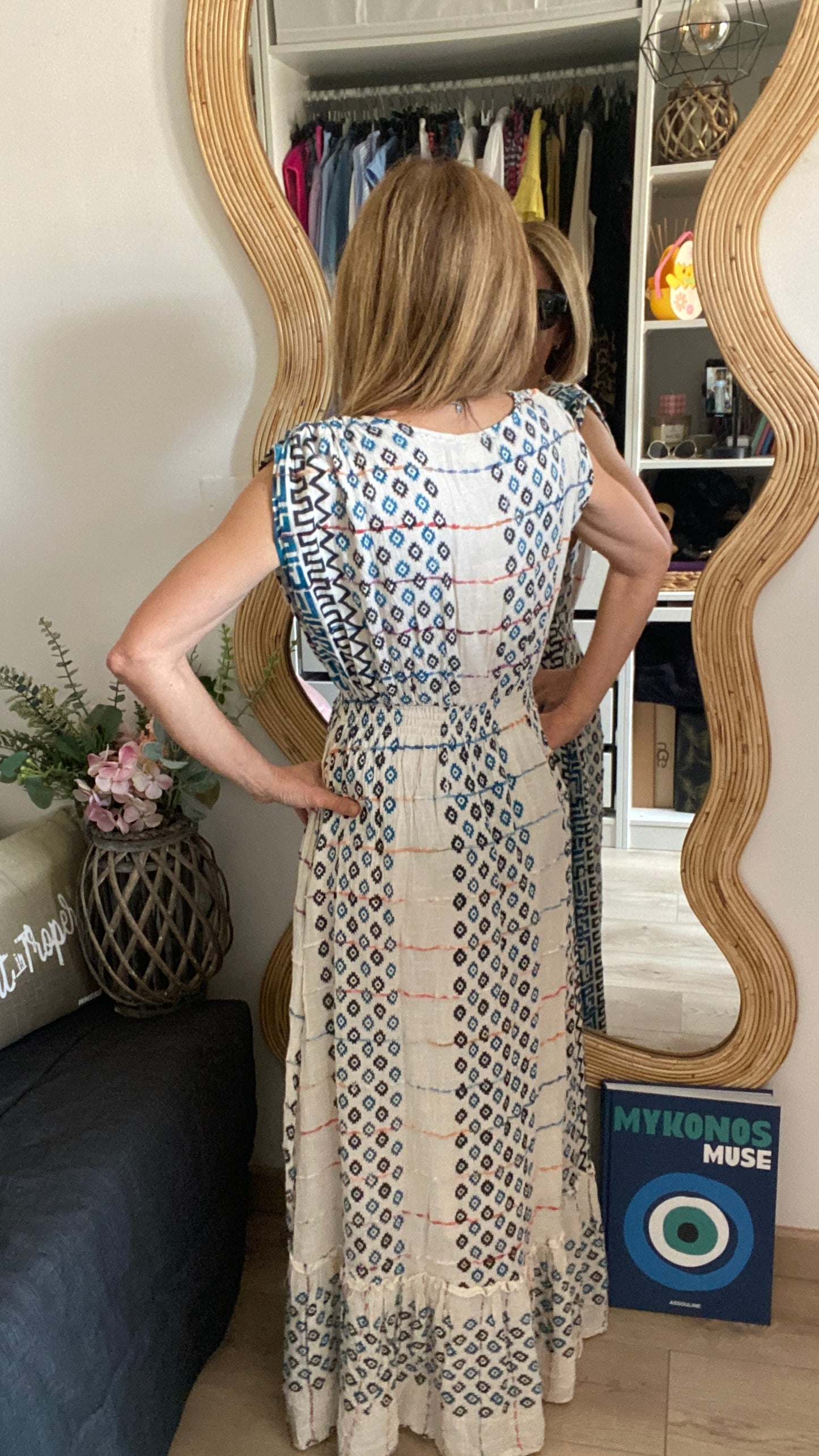 Robe longue bleu/blanc "Bohème"