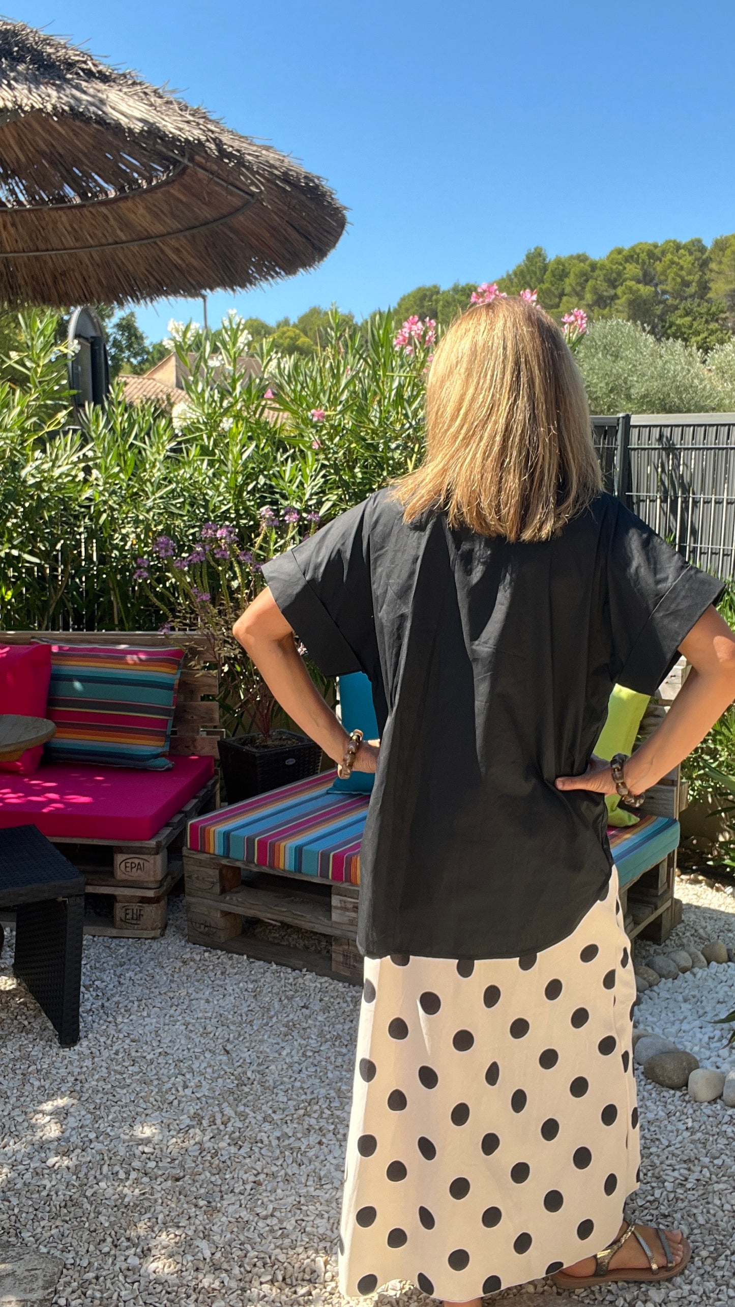 JUPE LONGUE BLANCHE "POIS NOIR"