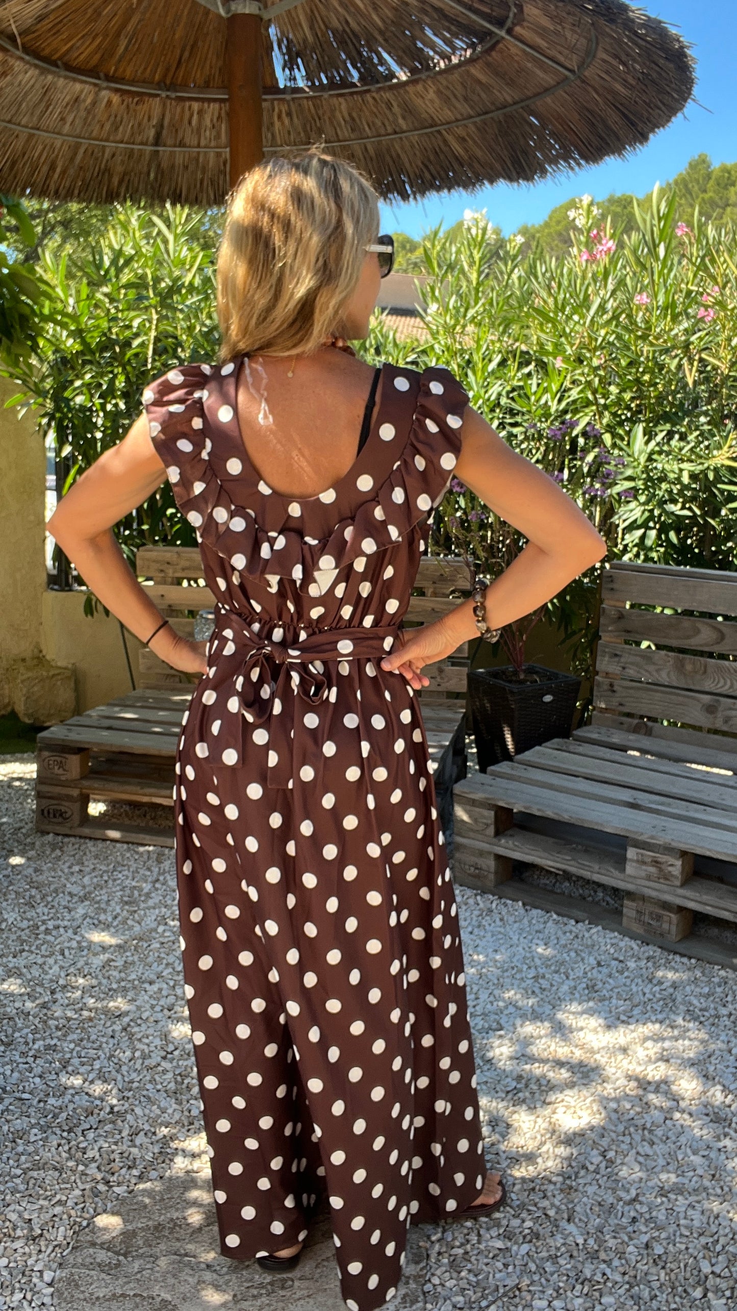 ROBE LONGUE CHOCOLAT A POIS BLANC