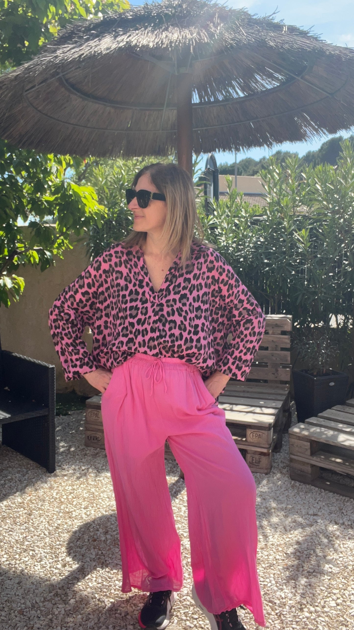 PANTALON FLUIDE EN COTON ROSE "SELENA"