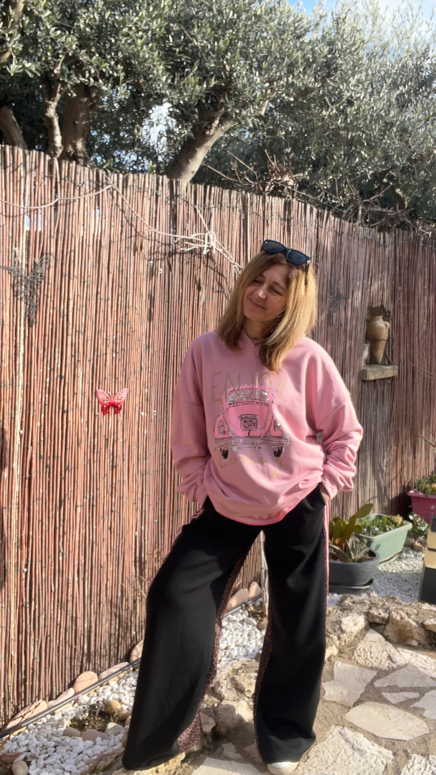 PANTALON STYLE JOGGING NOIR BANDE ROSE/LEOPARD