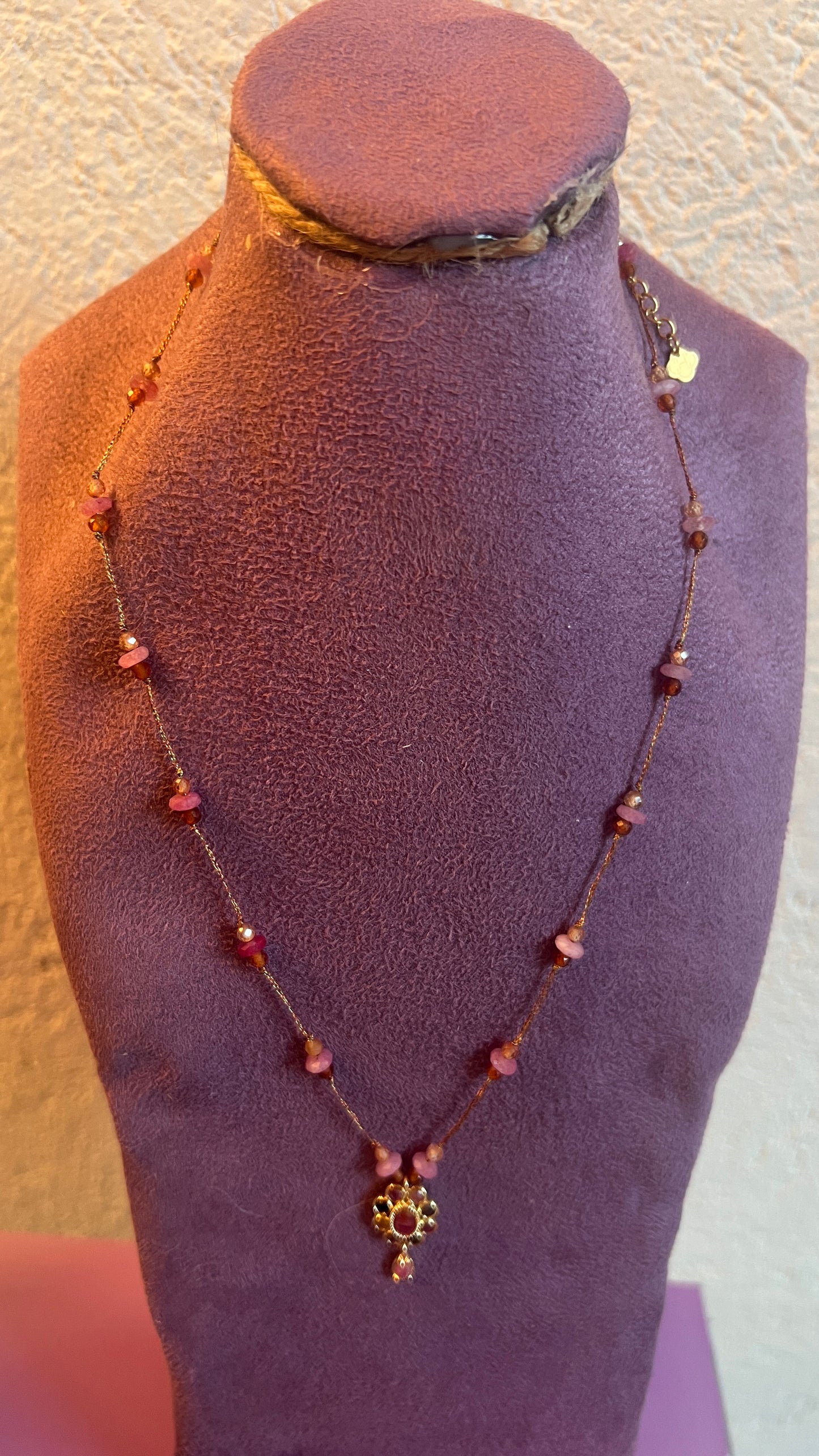 COLLIER ROSE/BLEU TURQUOISE & PIERRE PRECIEUSE ROSE "HABAHA"