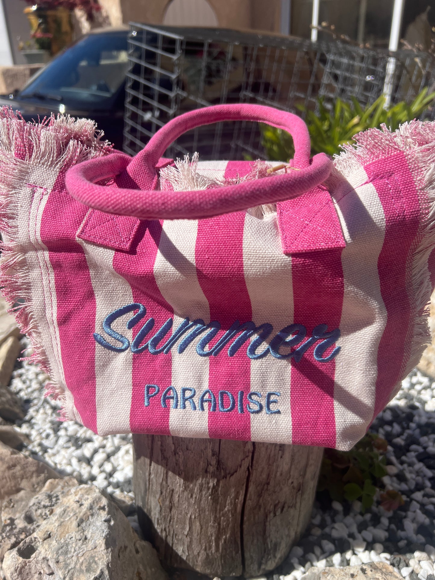 SAC RAYE EN TOILE ROSE/BLANC " SUMMER PARADISE"