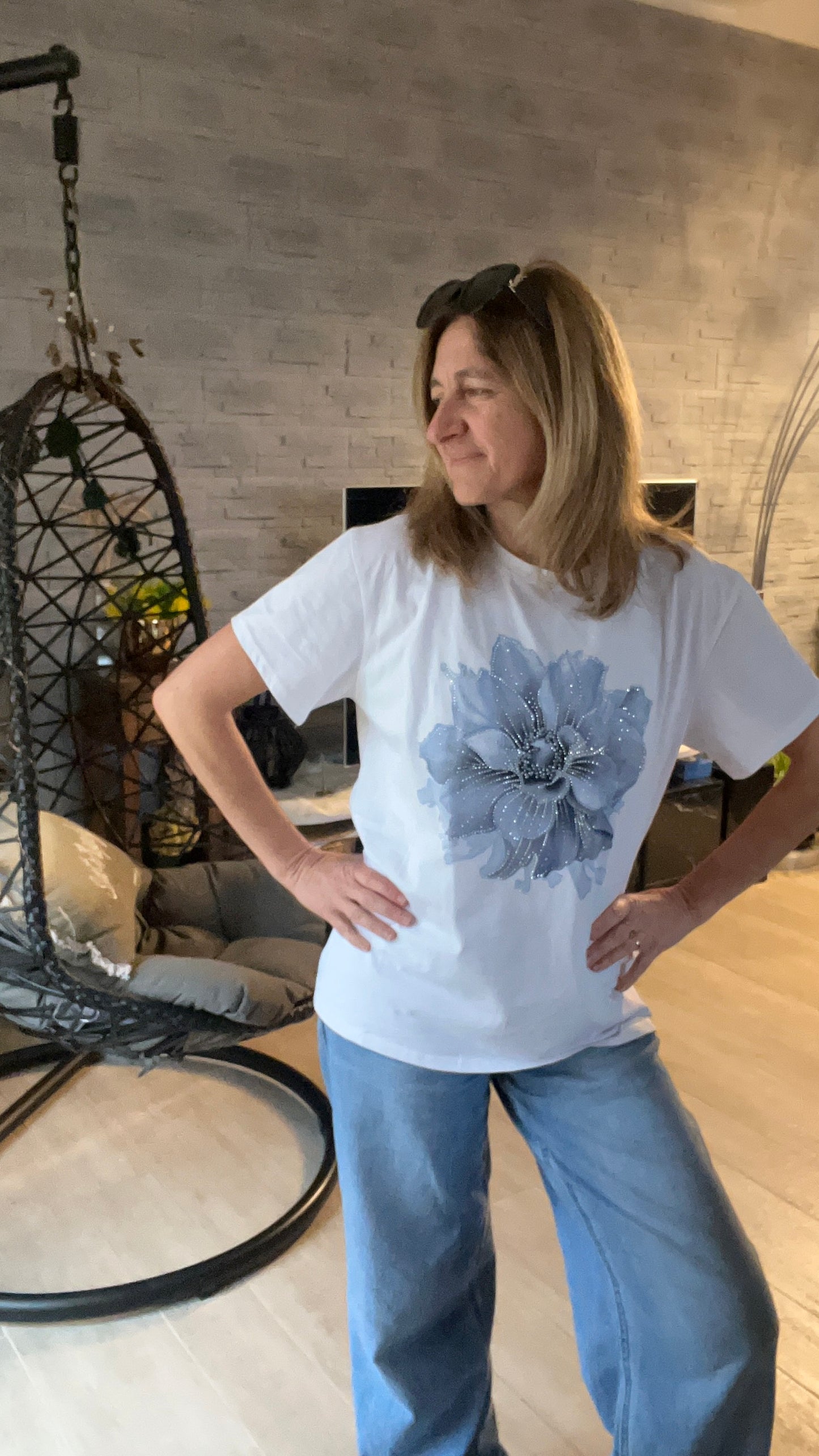 TEE-SHIRT BLANC/BLEU "ORCHIDEE"