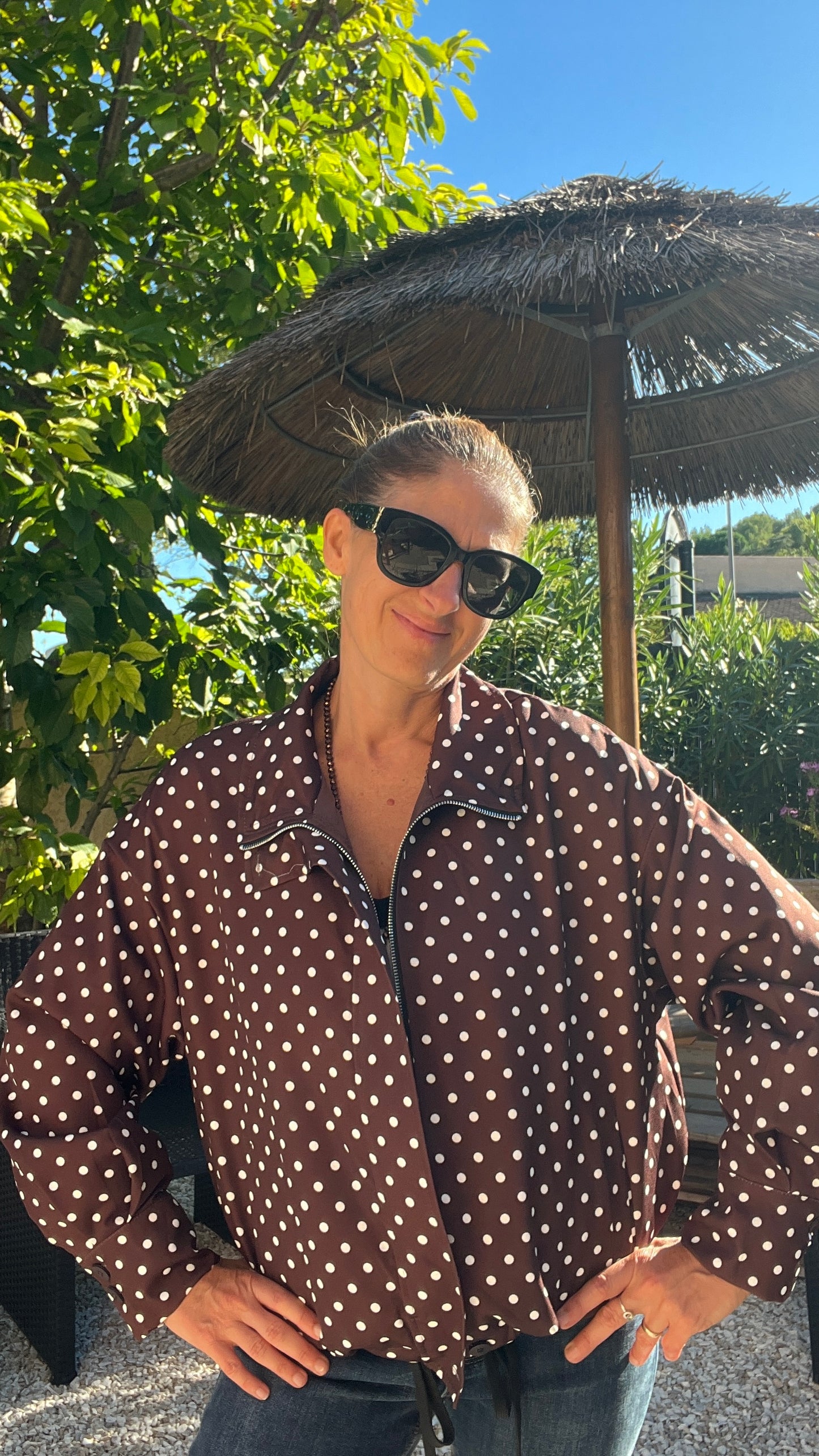 VESTE MANCHES LONGUES CHOCOLAT A POIS BLANC "AUTOMNE"