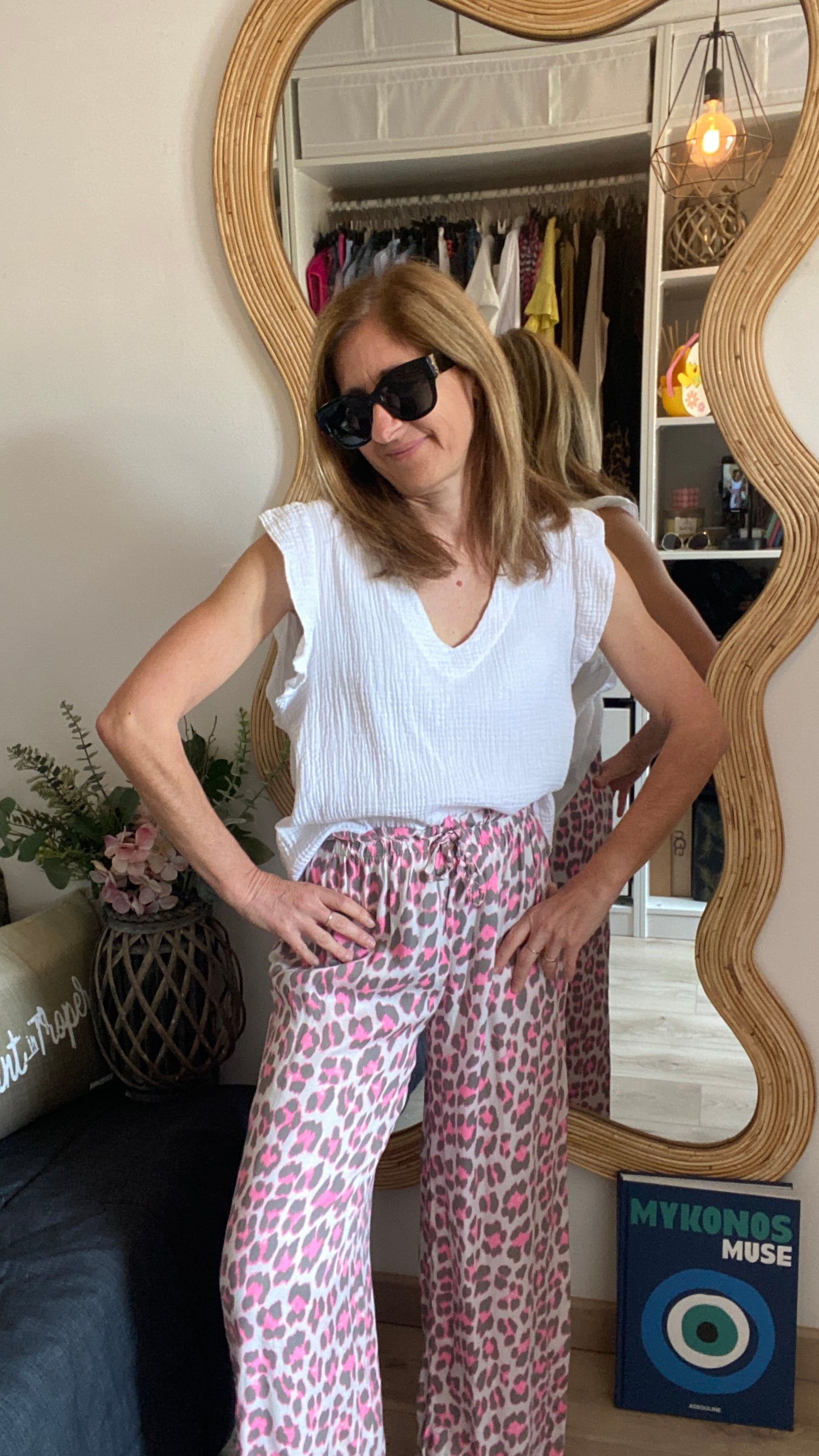 Pantalon fluide kaki/rose fluo "léopard"