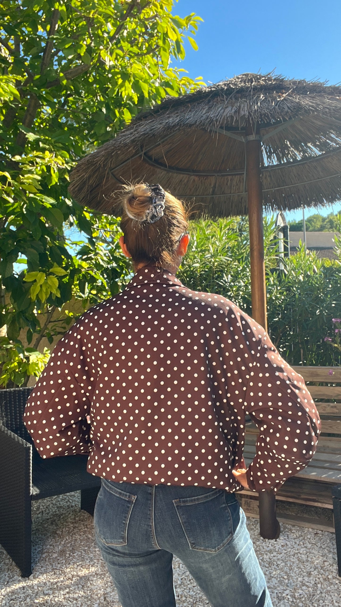 VESTE MANCHES LONGUES CHOCOLAT A POIS BLANC "AUTOMNE"