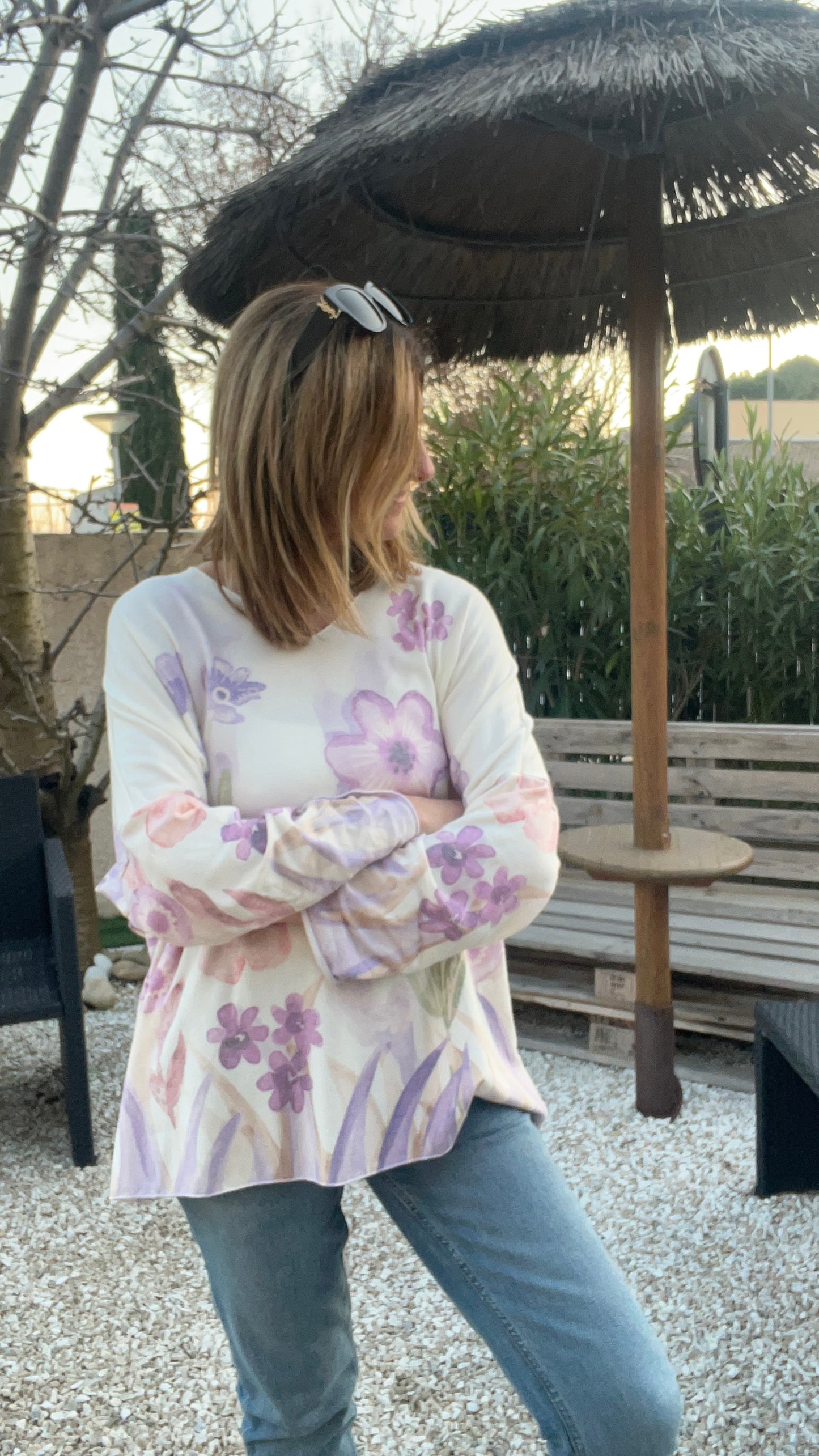 PULL TUNIQUE BLANC "FLEURI"