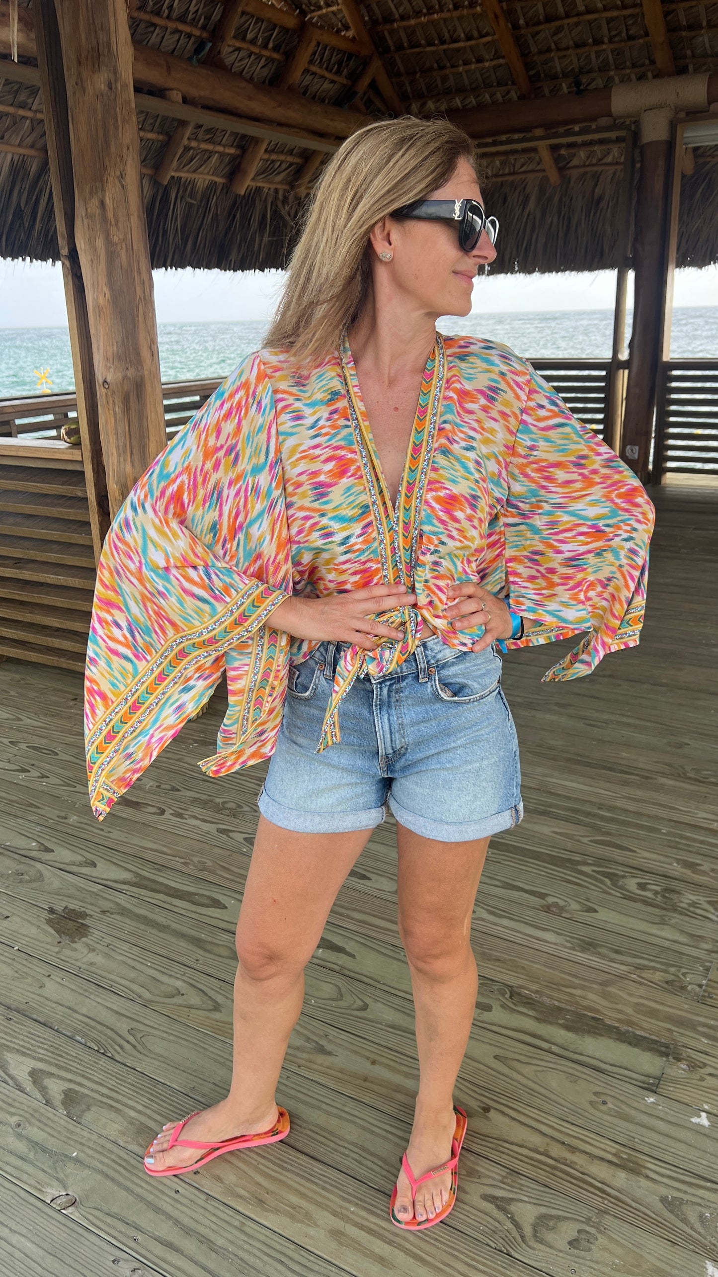 Kimono court à noeud "Orange/turquoise"