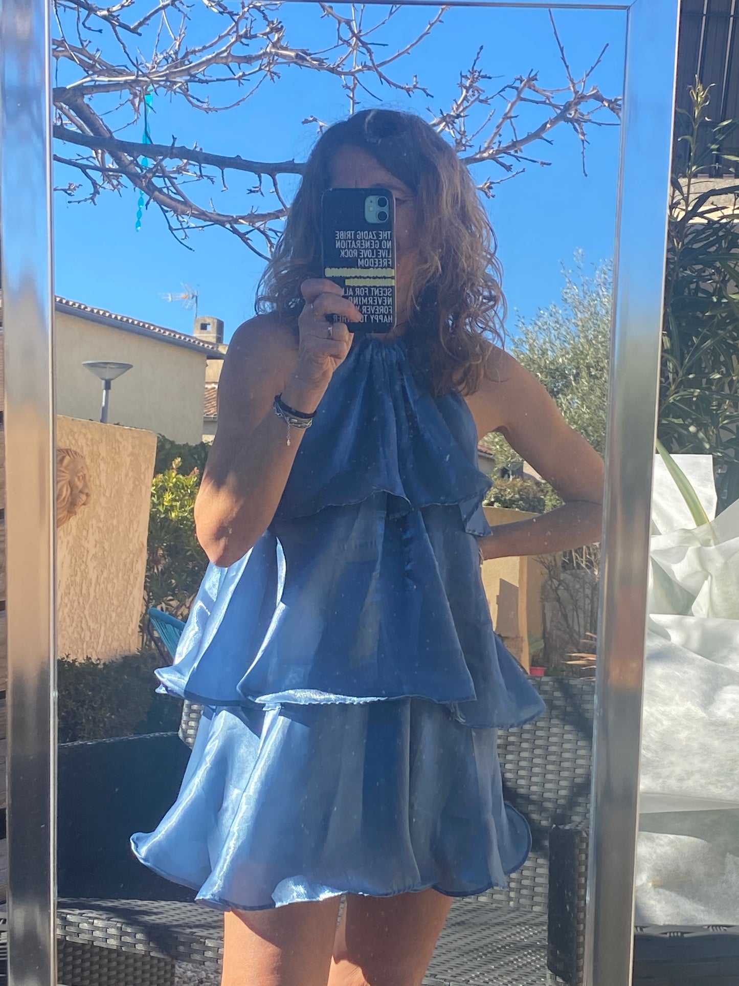 Robe courte à volant bleu jean Clémence