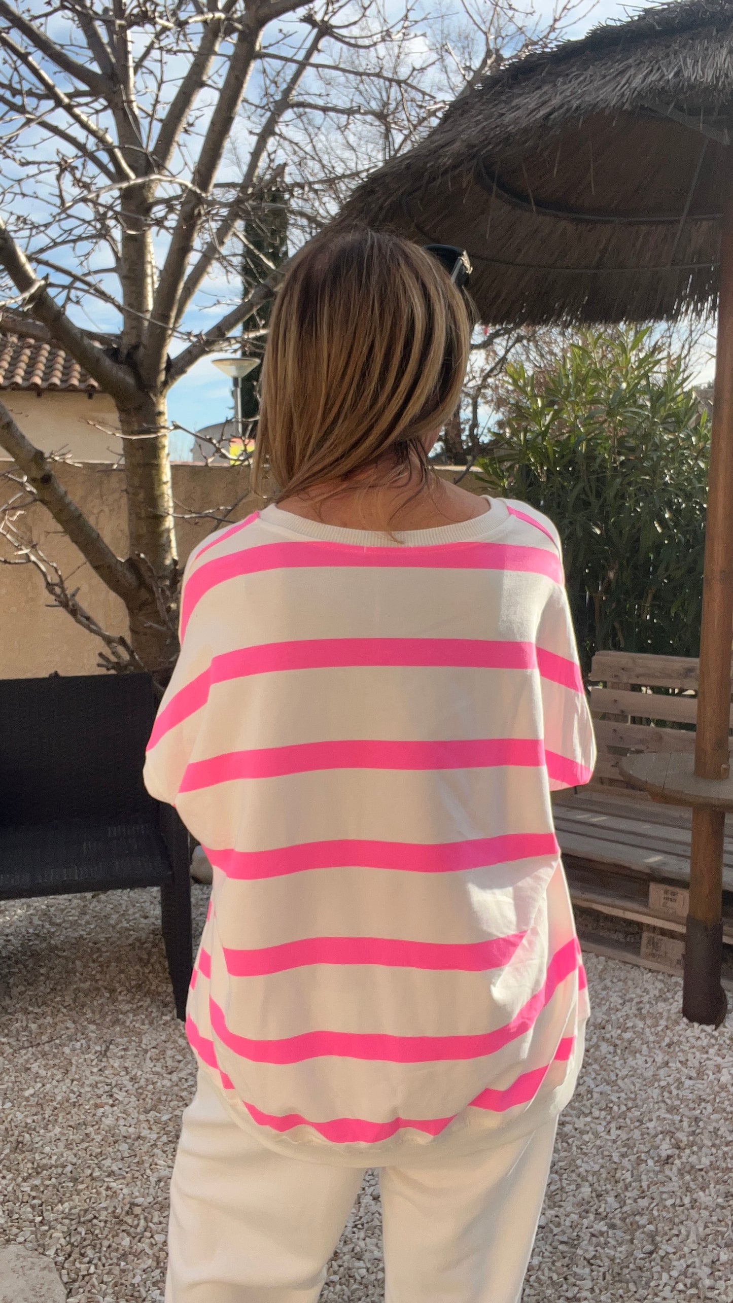 TEE-SHIRT/TUNIQUE RAYÉ ROSE FLUO/BLANC