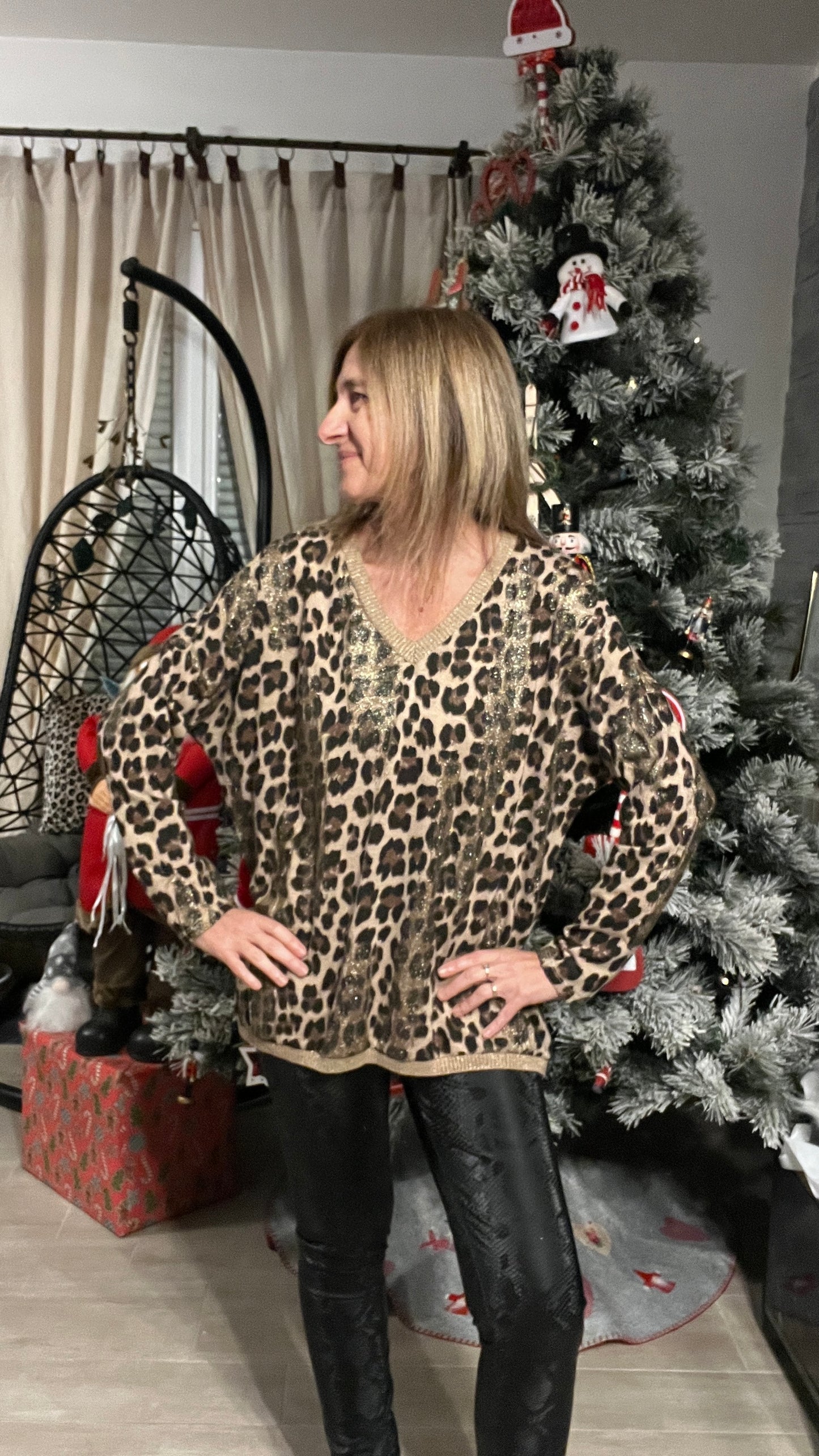 PULL TUNIQUE LEOPARD BEIGE/NOIR/DORE