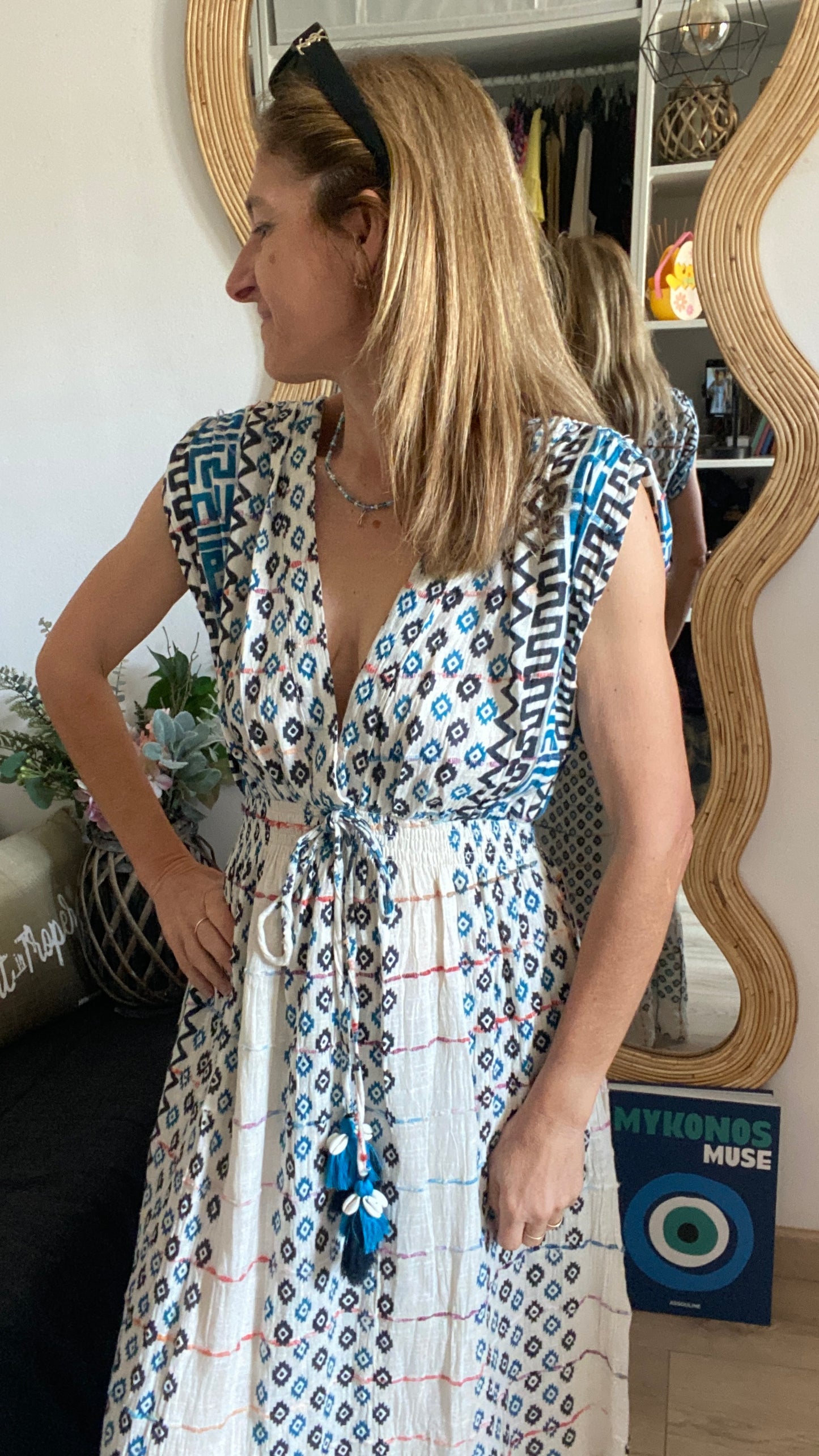 Robe longue bleu/blanc "Bohème"