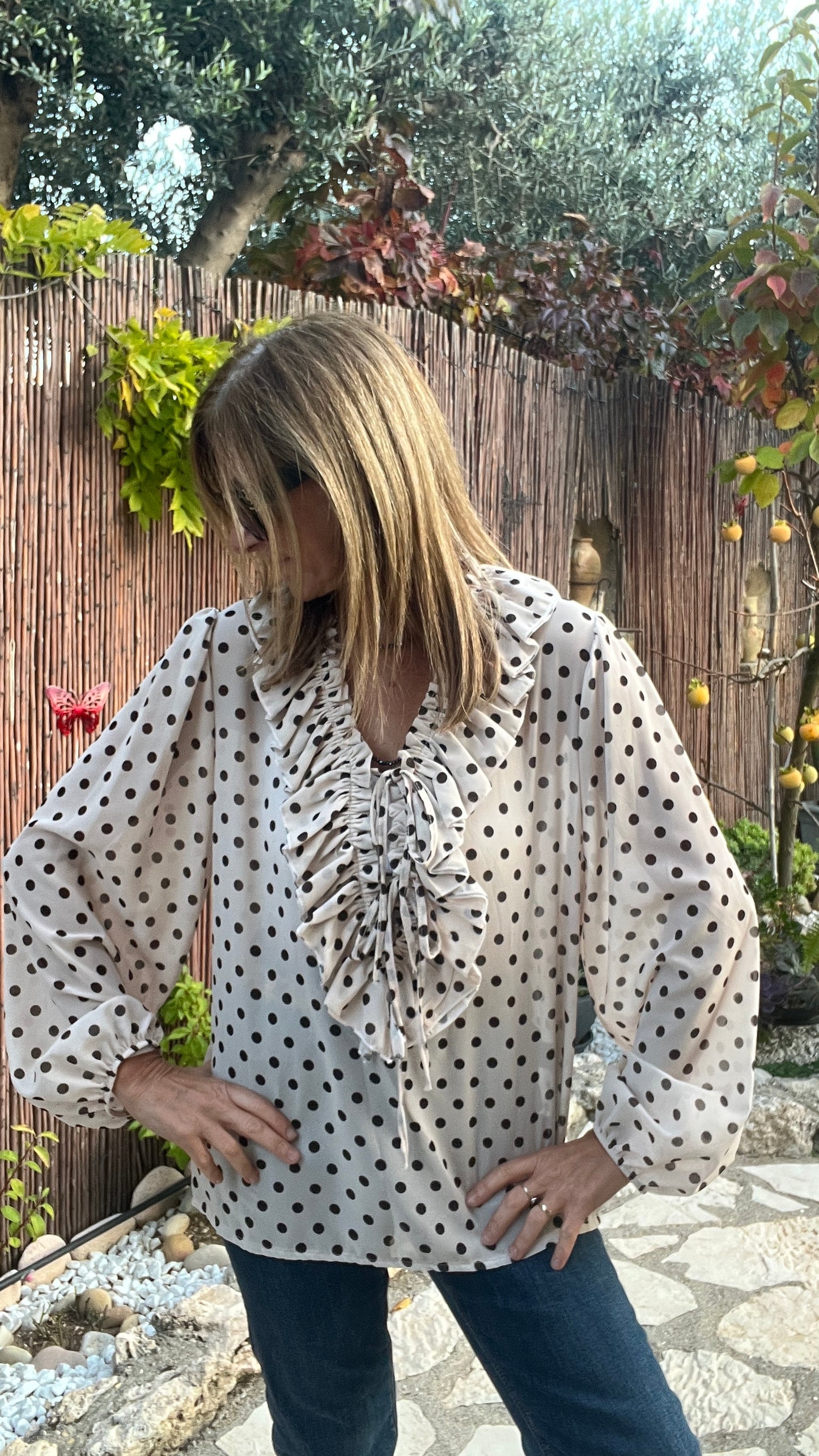 CHEMISIER A POIS BEIGE/CHOCOLAT "FROU-FROU"