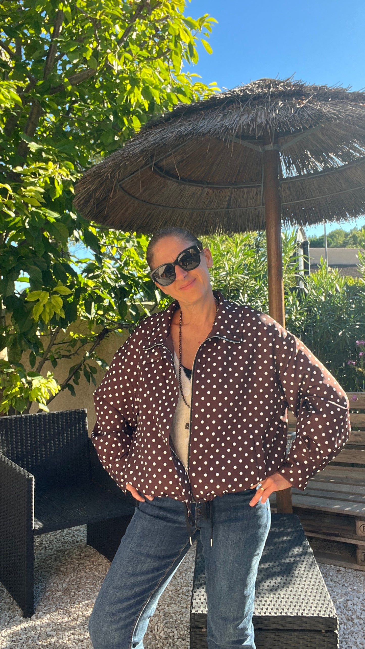 VESTE MANCHES LONGUES CHOCOLAT A POIS BLANC "AUTOMNE"