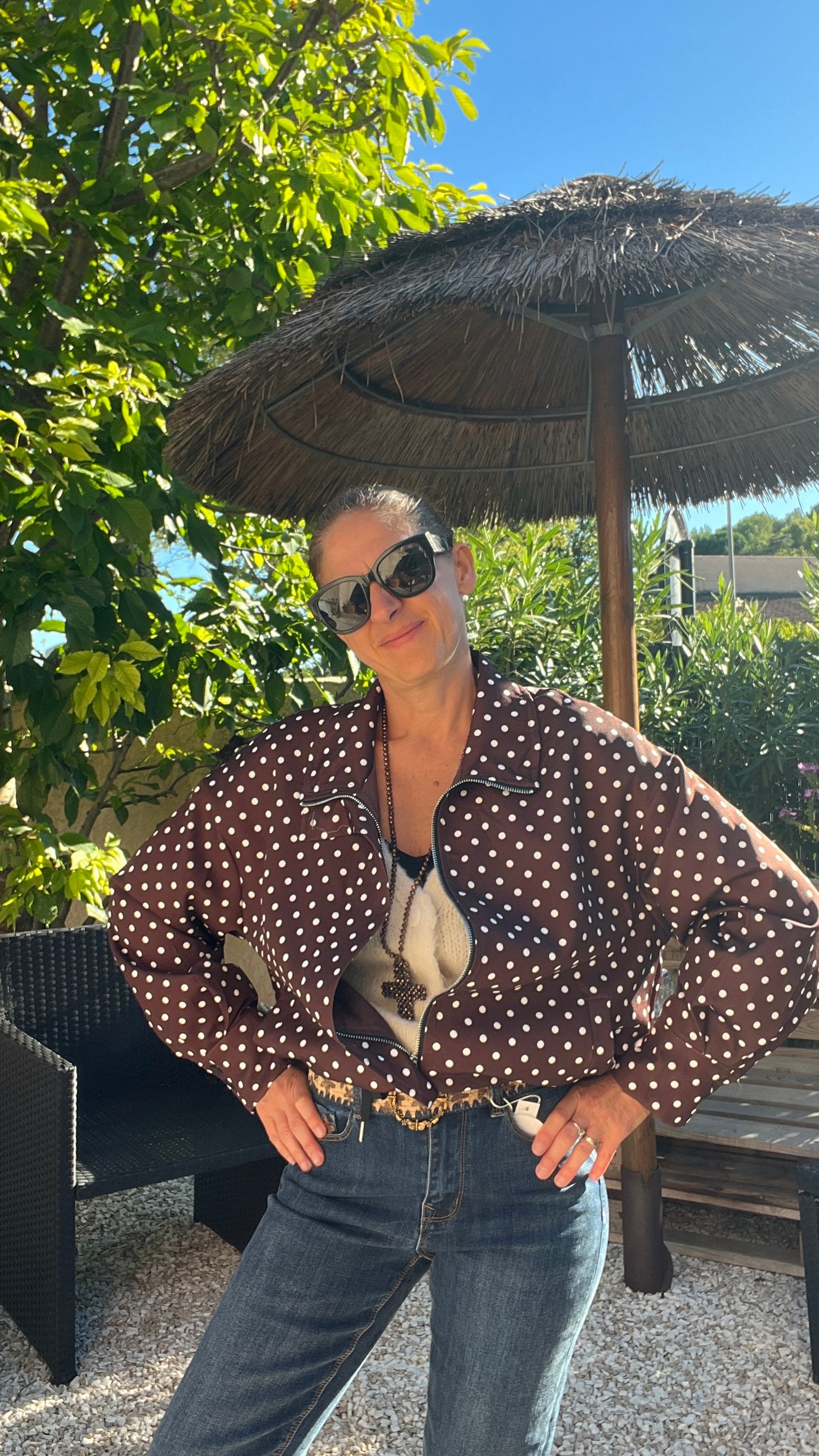 VESTE MANCHES LONGUES CHOCOLAT A POIS BLANC "AUTOMNE"