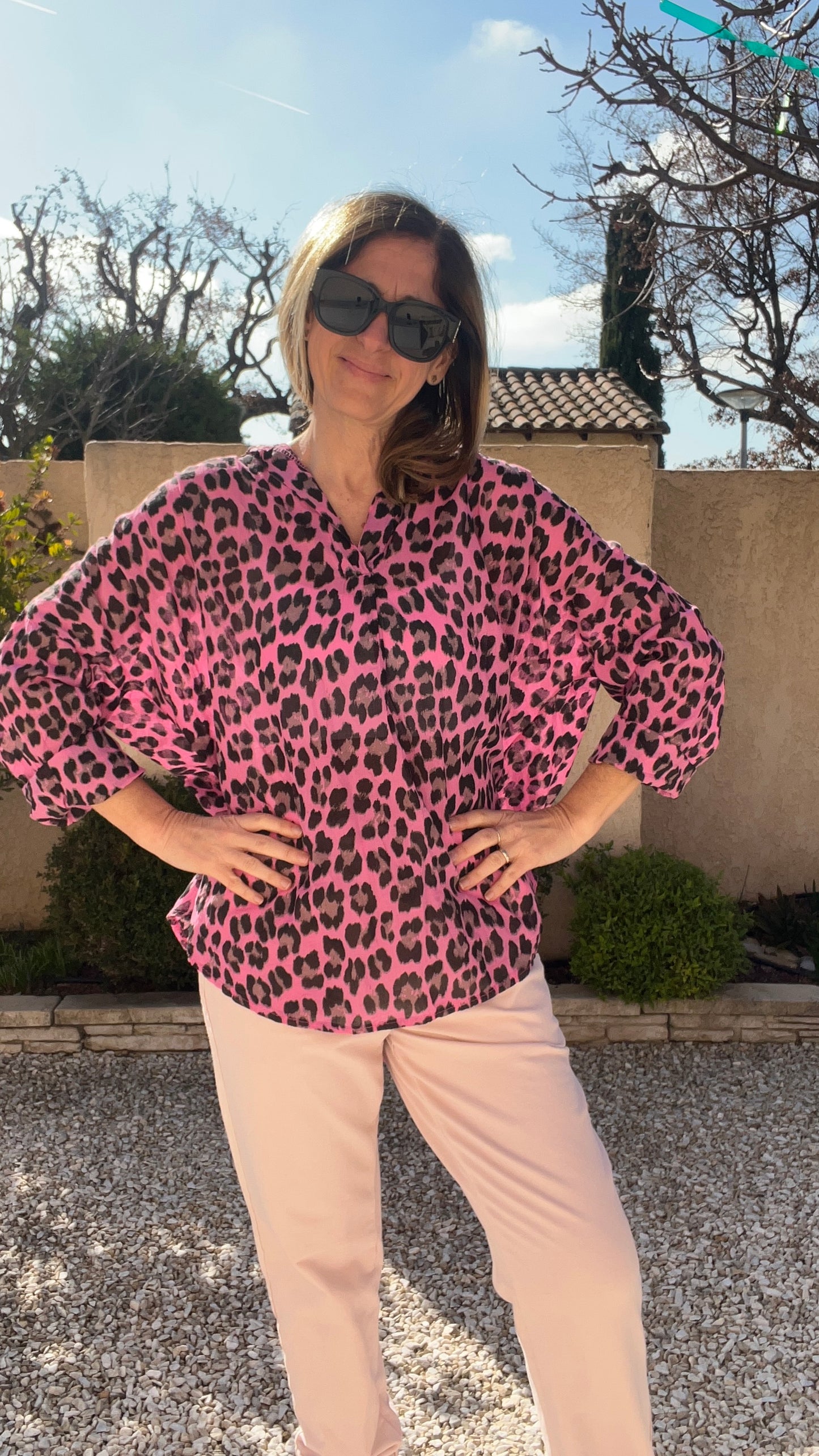 CHEMISIER LEOPARD ROSE/NOIR COLORE