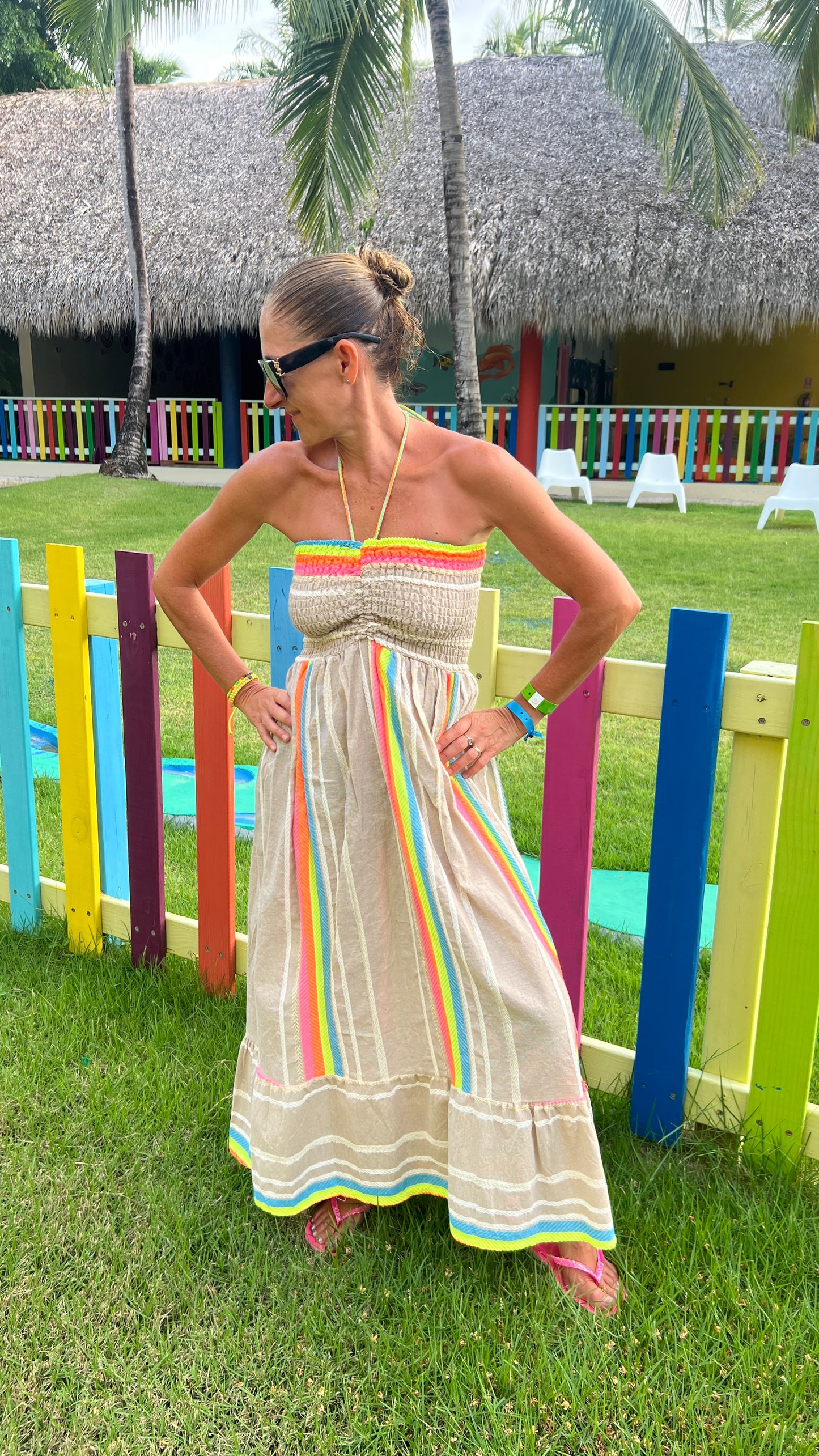 Robe bustier beige & fluo