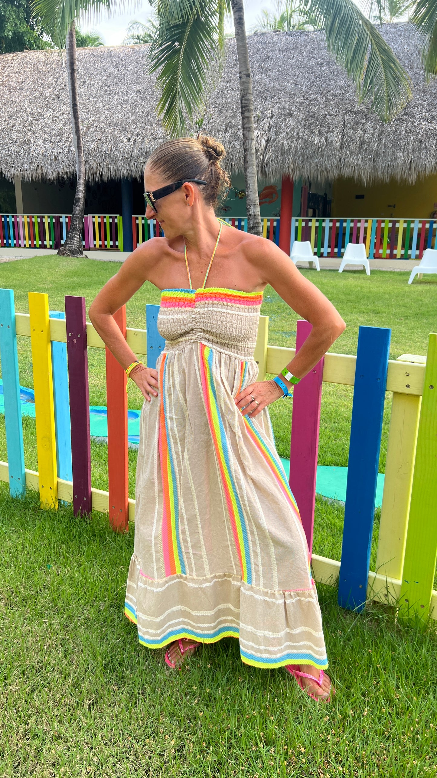Robe bustier beige & fluo