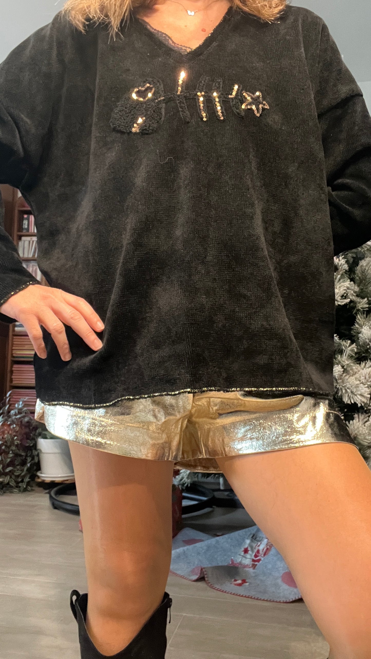 TUNIQUE VELOURS NOIRE INSCRIPTION DOREE