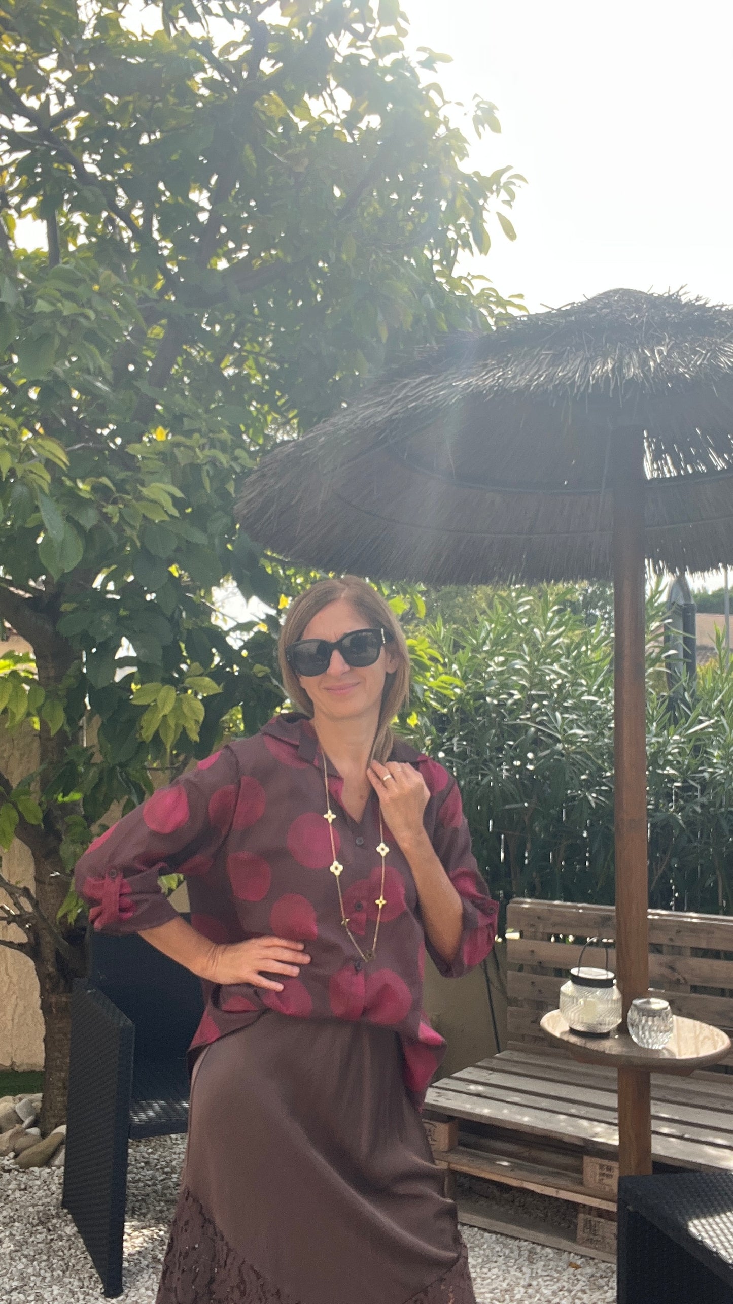 CHEMISIER CHOCOLAT "A POIS BORDEAUX"