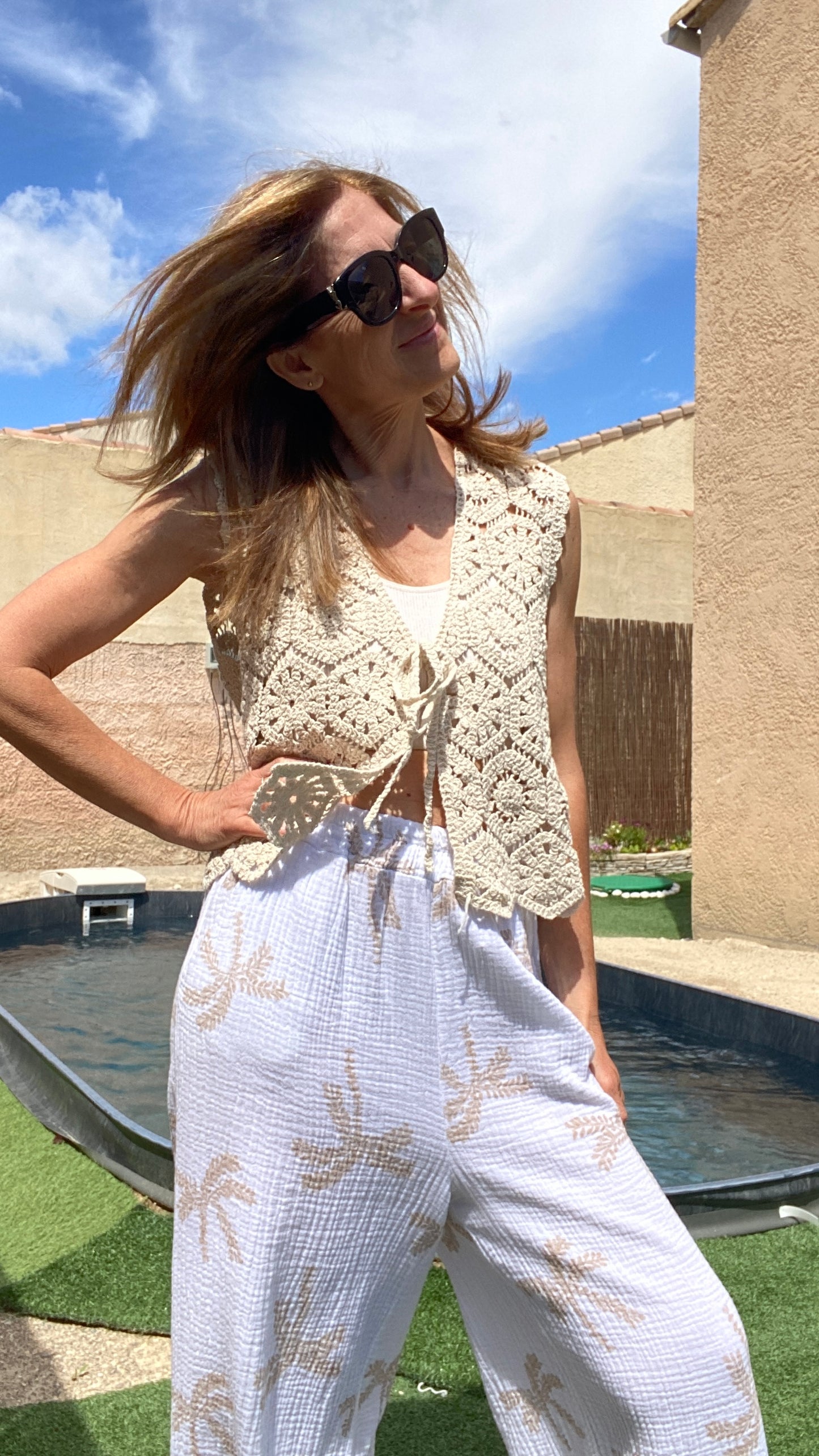 Pantalon blanc à motif palmiers "Tahiti"