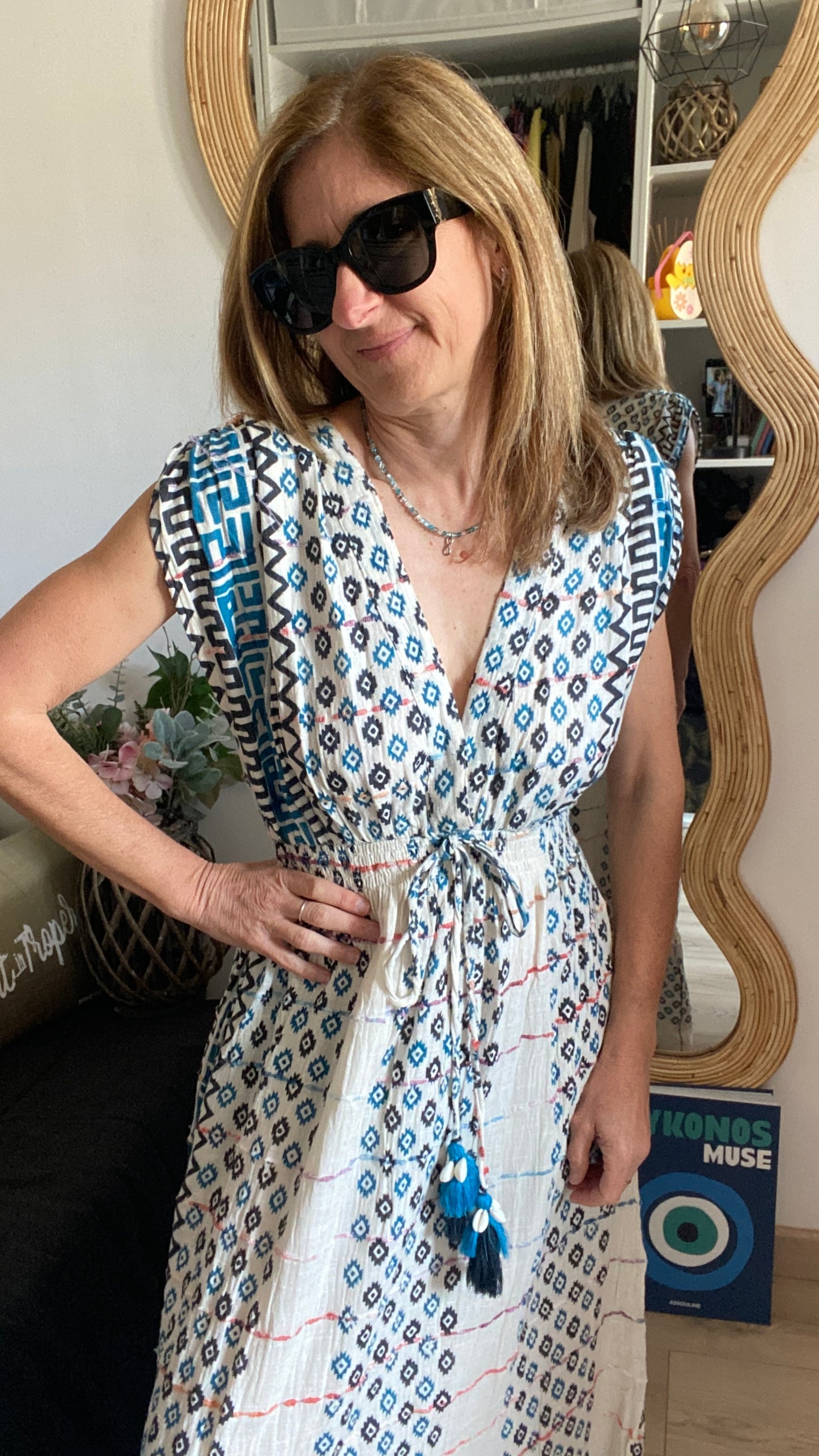 Robe longue bleu/blanc "Bohème"