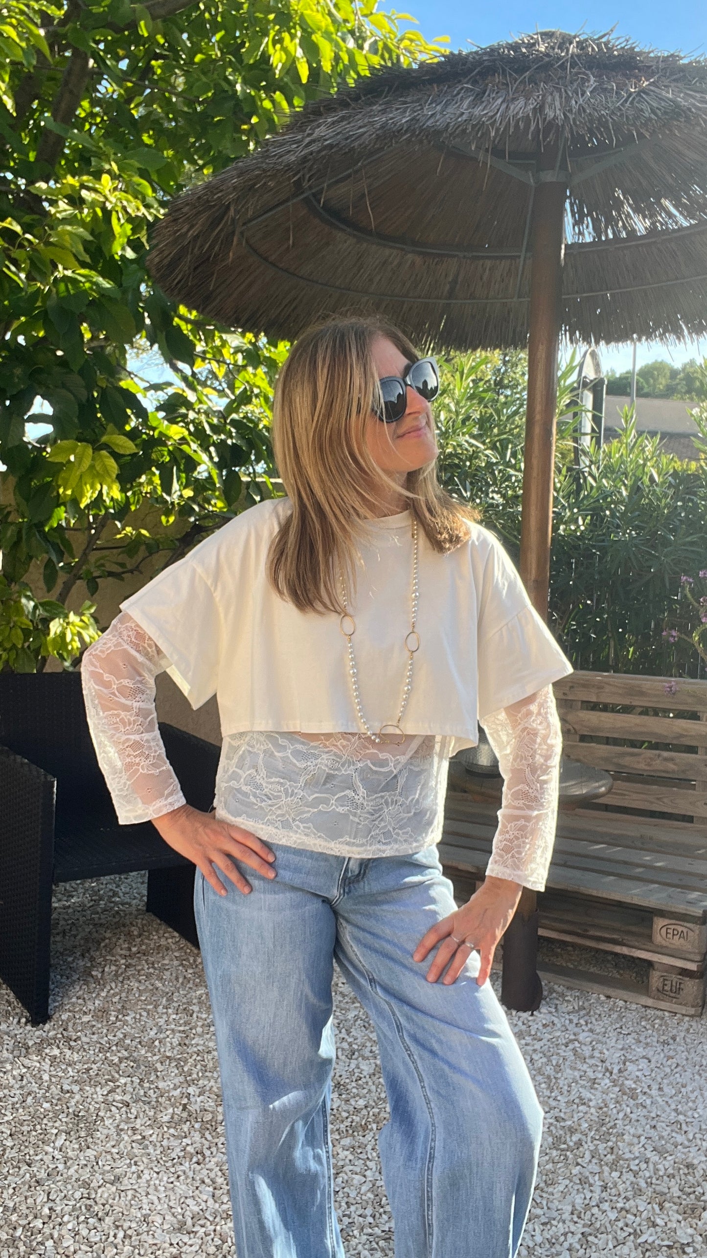 TEE-SHIRT DENTELLE BLANC CASSE "2EN1"