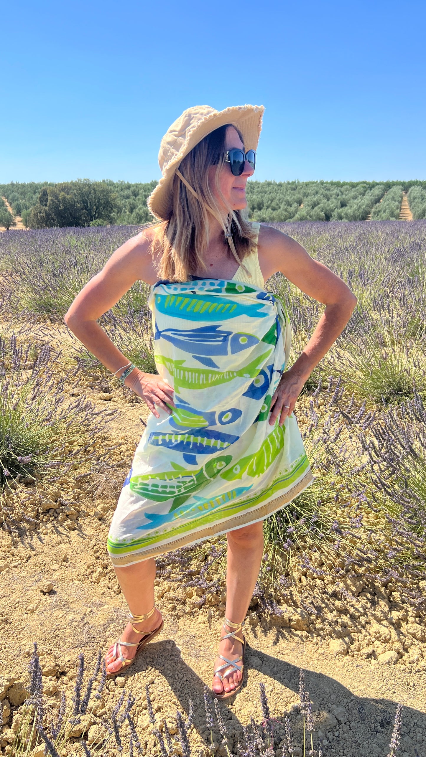 PAREO BEIGE/BLEU & VERT TURQUOISE/VERT ANIS INSCRIPTIONS POISSONS