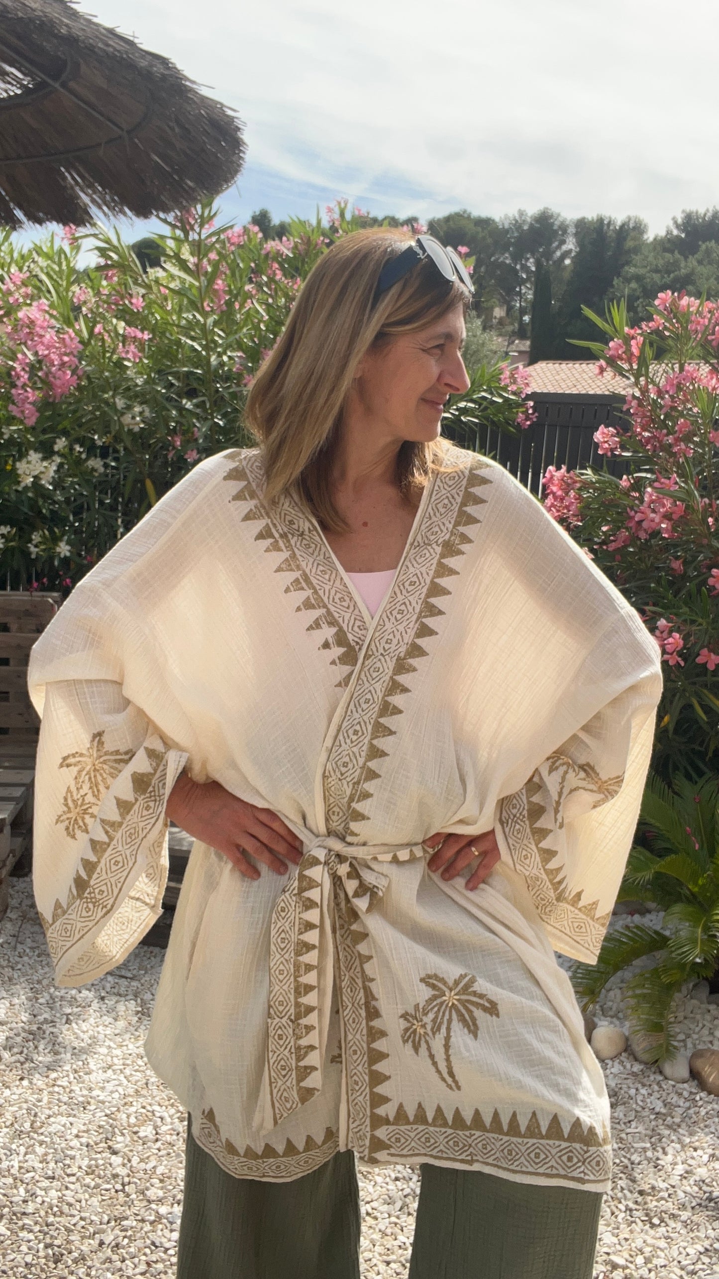 KIMONO BEIGE & KAKI PALMIERS BRODES