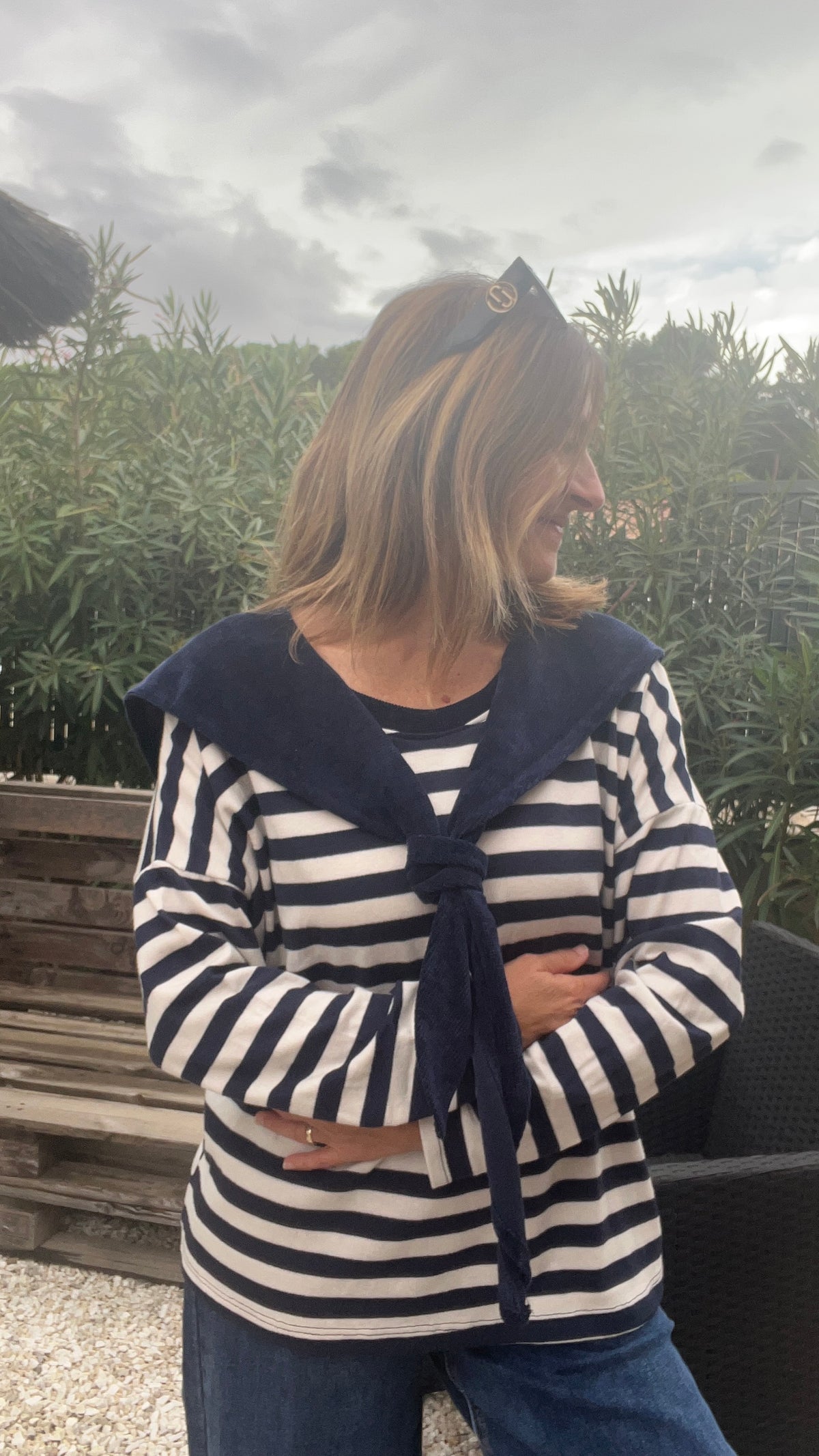 TEE-SHIRT RAYE MANCHES LONGUES BLEU MARINE/BLANC "COL MARIN"