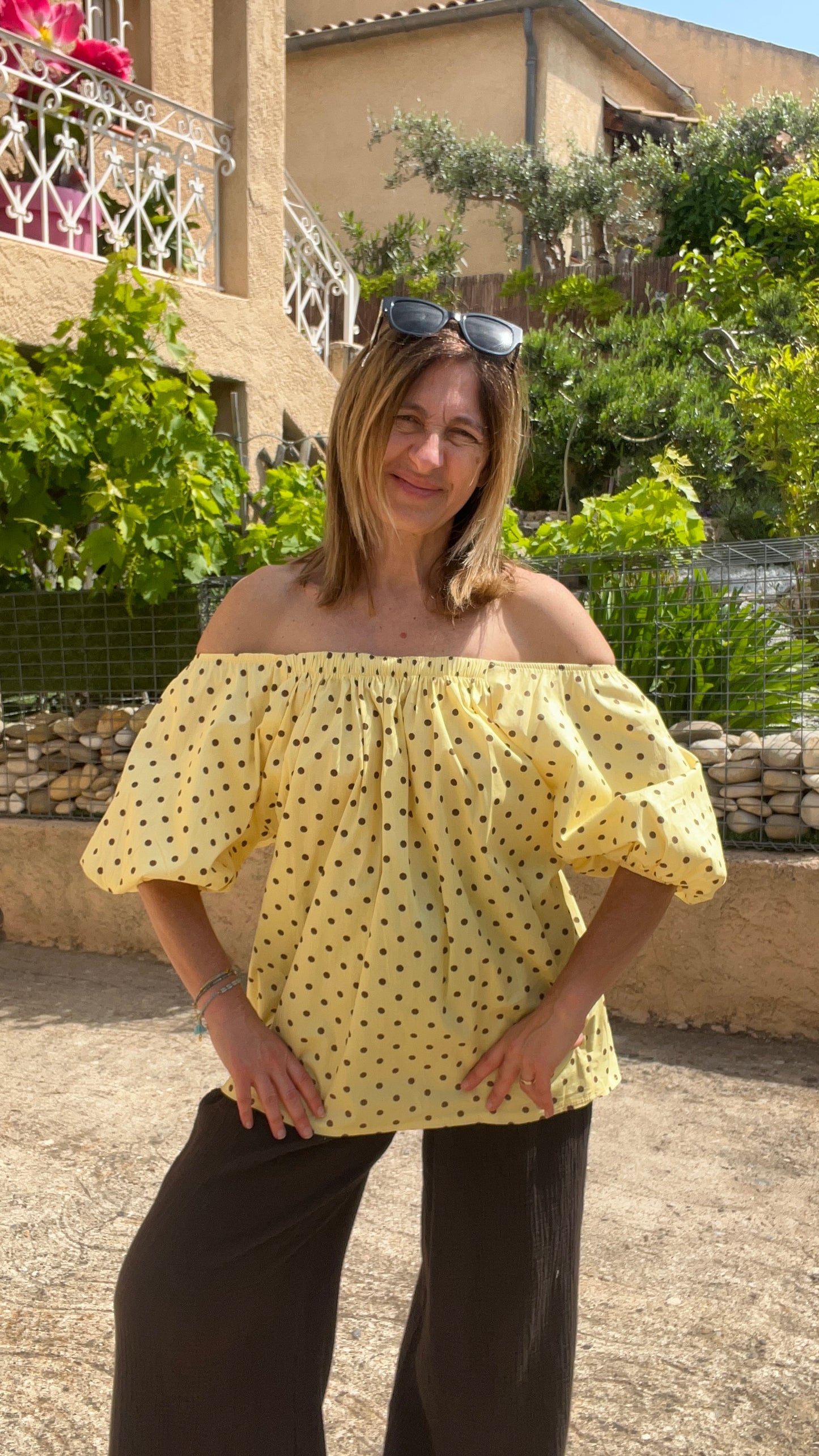 CHEMISIER JAUNE A POIS CHOCOLAT