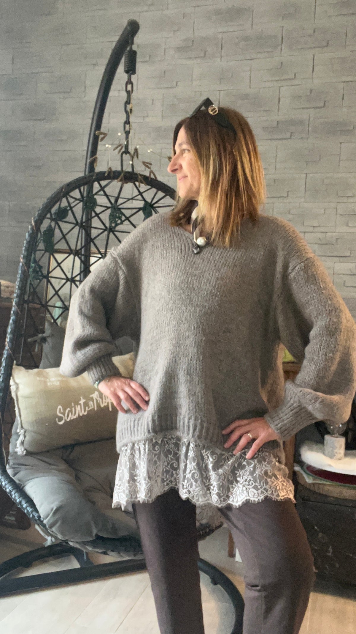 PULL TUNIQUE DENTELLE TAUPE