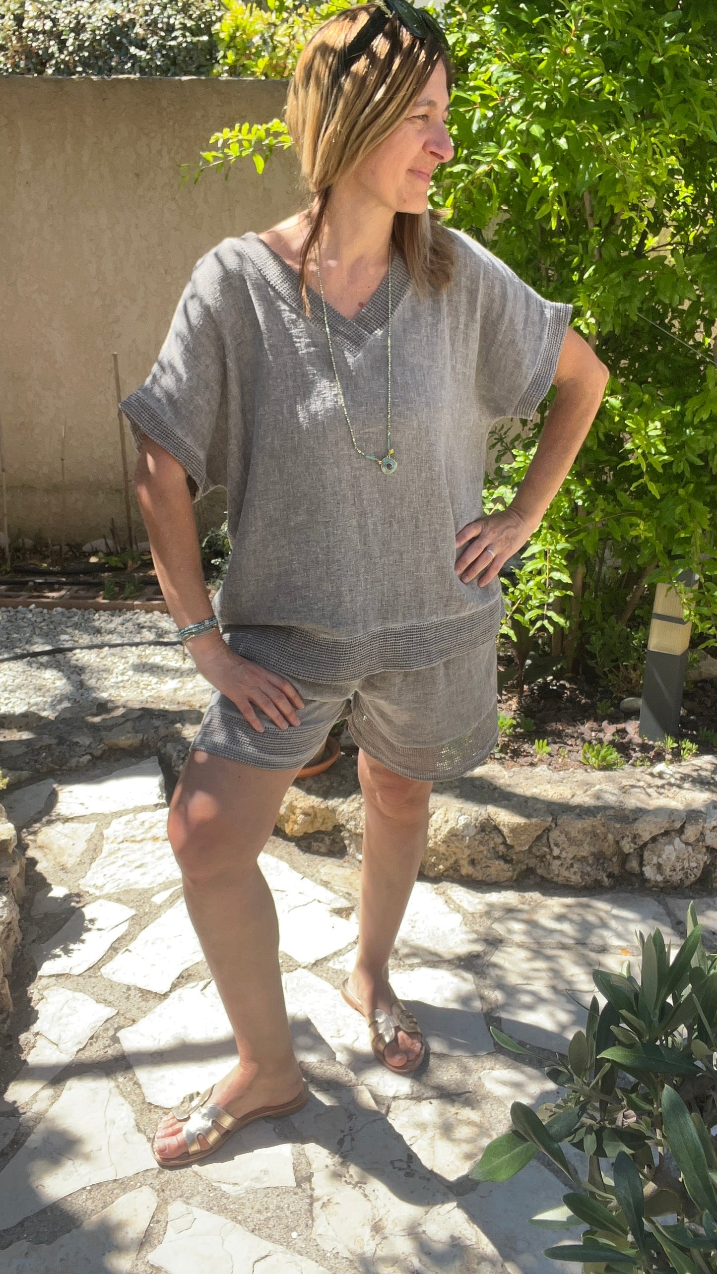 TEE-SHIRT TUNIQUE GRIS LIN/COTON