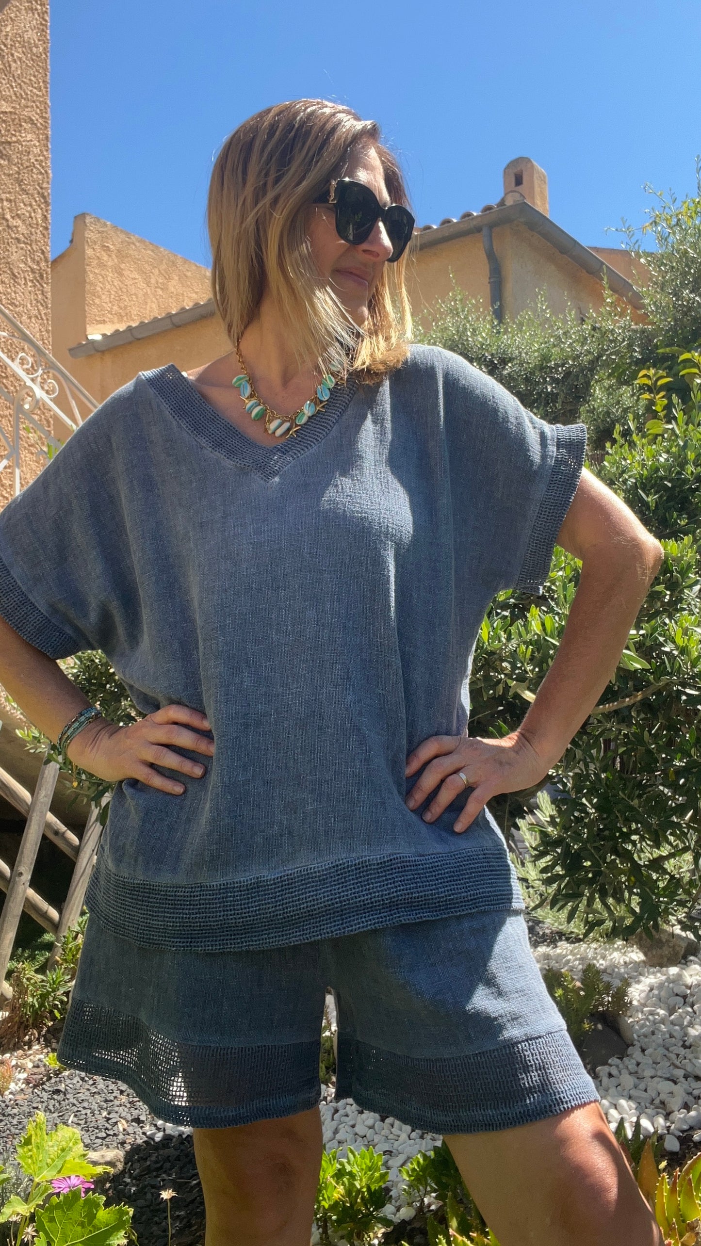 TEE-SHIRT TUNIQUE BLEU JEANS LIN/COTON