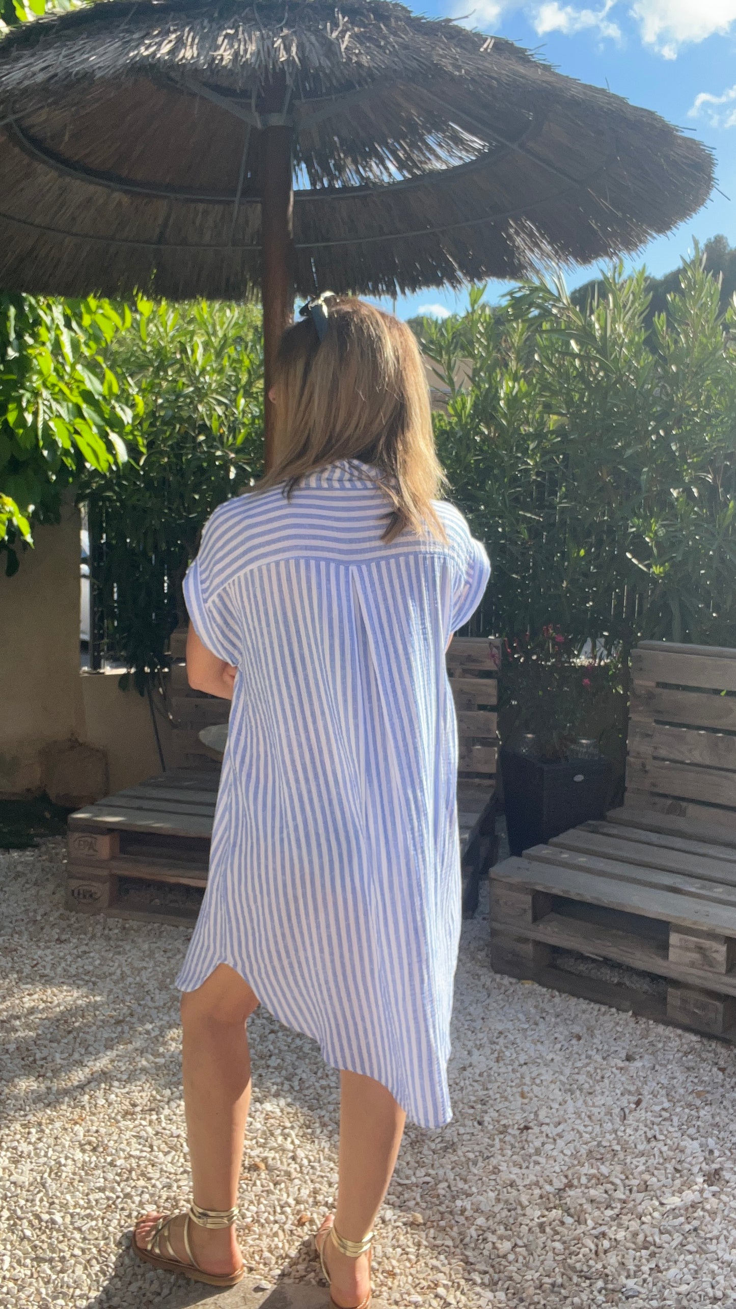 ROBE CHEMISE RAYEE BLEU/BLANC GAZE DE COTON