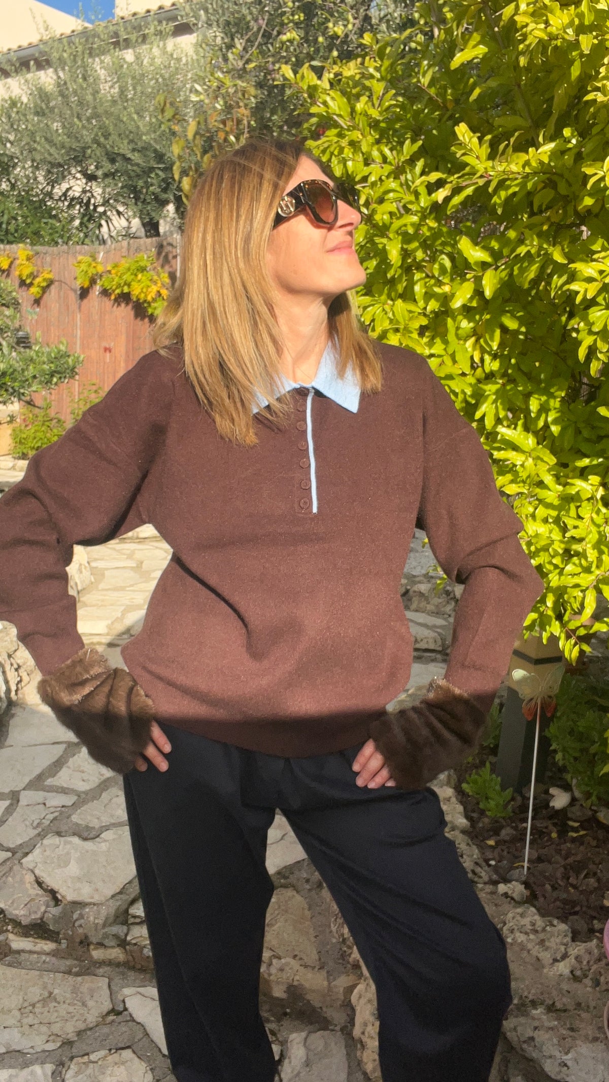 PULL CHOCOLAT/BLEU CLAIR COL POLO
