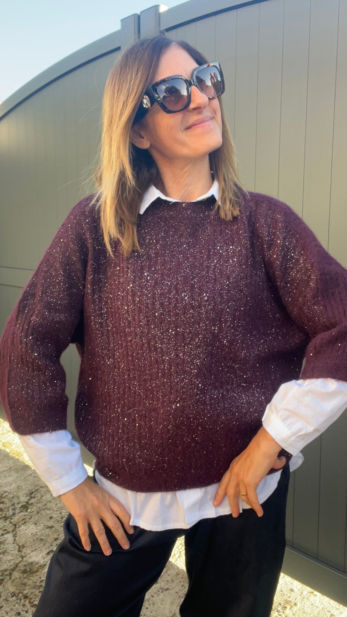 PULL BORDEAUX/PAILLETÉ MANCHES 3/4