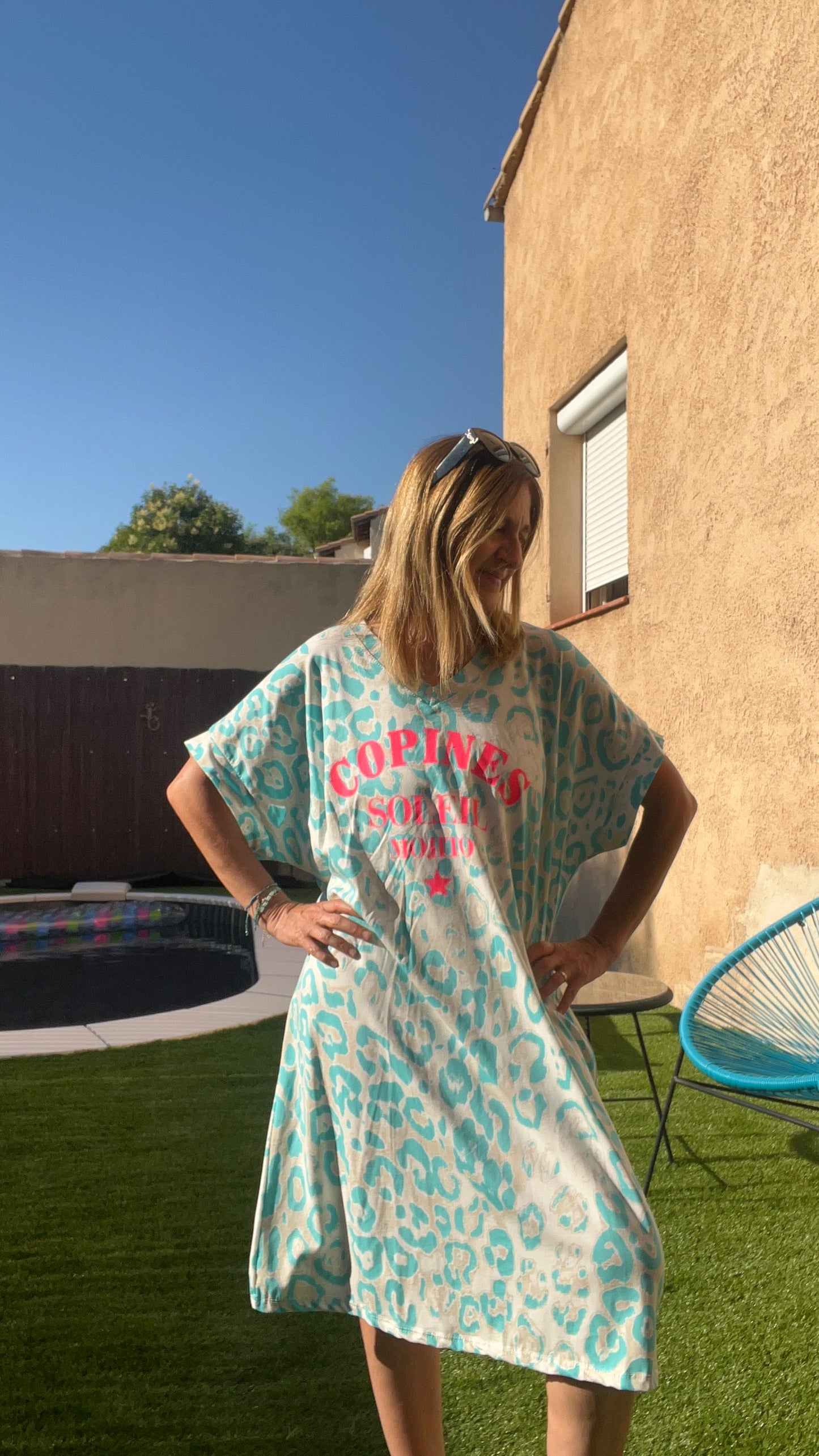 ROBE TEE SHIRT LEOPARD TURQUOISE/BLANC "COPINE SOLEIL MOJITO"