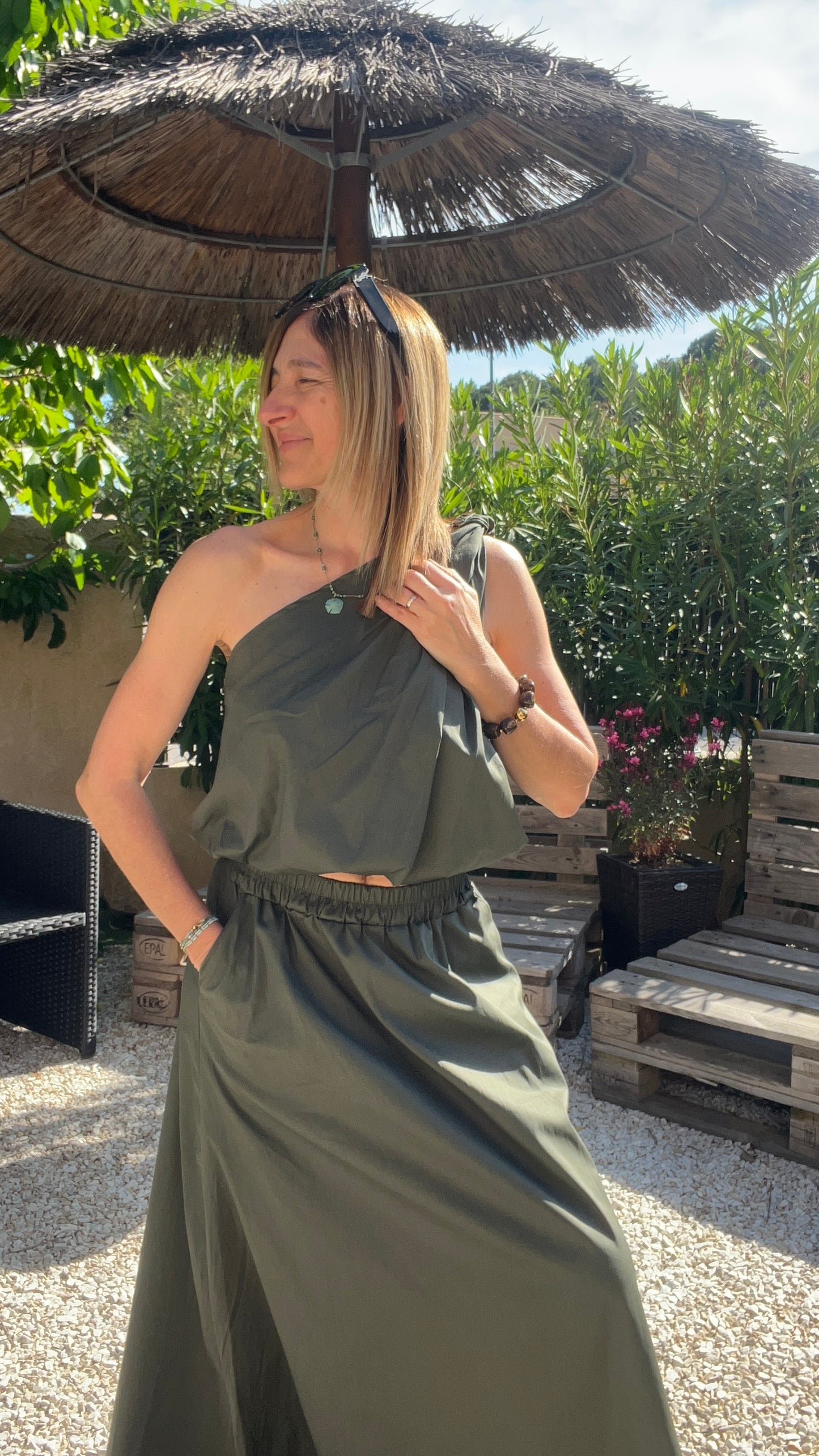 ENSEMBLE KAKI JUPE/TOP DOS NU EN POPELINE