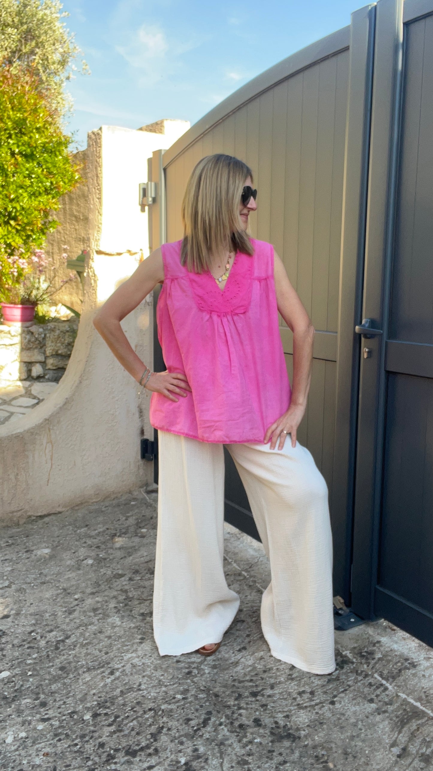 PANTALON FLUIDE BEIGE GAZE DE COTON