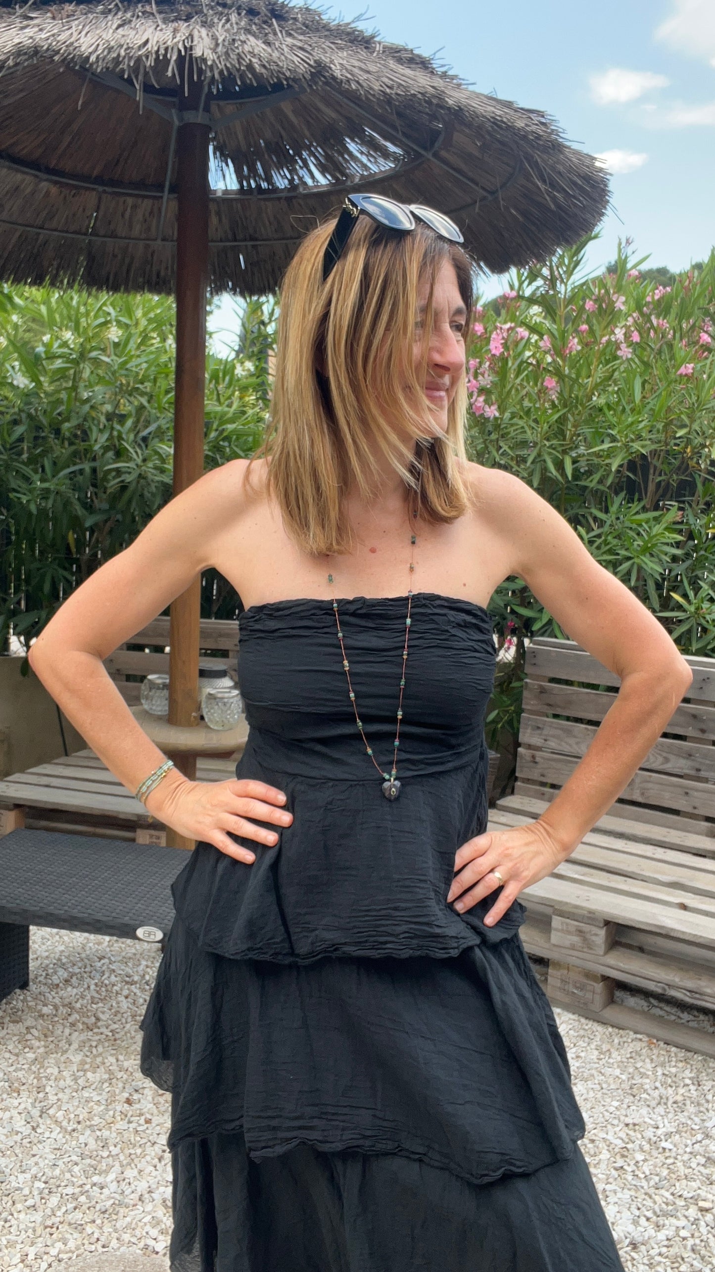SAUTOIR VERT/ROSE/JAUNE COEUR VIOLET "HABAHA