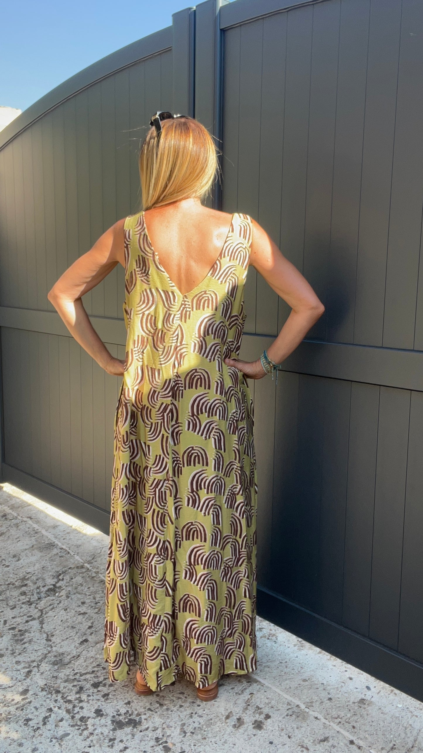 ROBE LONGUE VERT ANIS/MARRON/BEIGE "SOLEIL VERT ANIS"