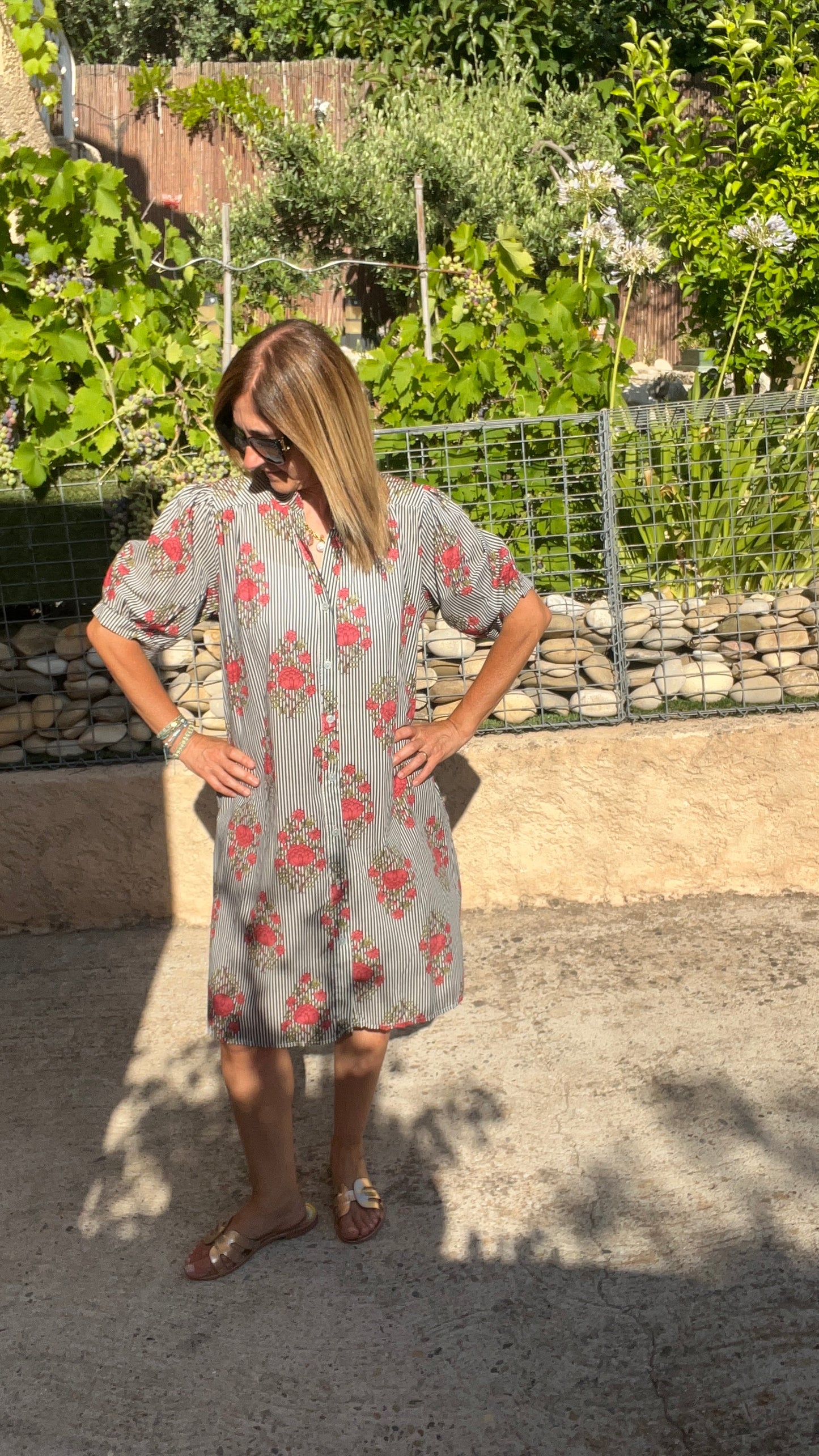 ROBE CHEMISE RAYÉE FLEURIES BLEU MARINE/BLANC