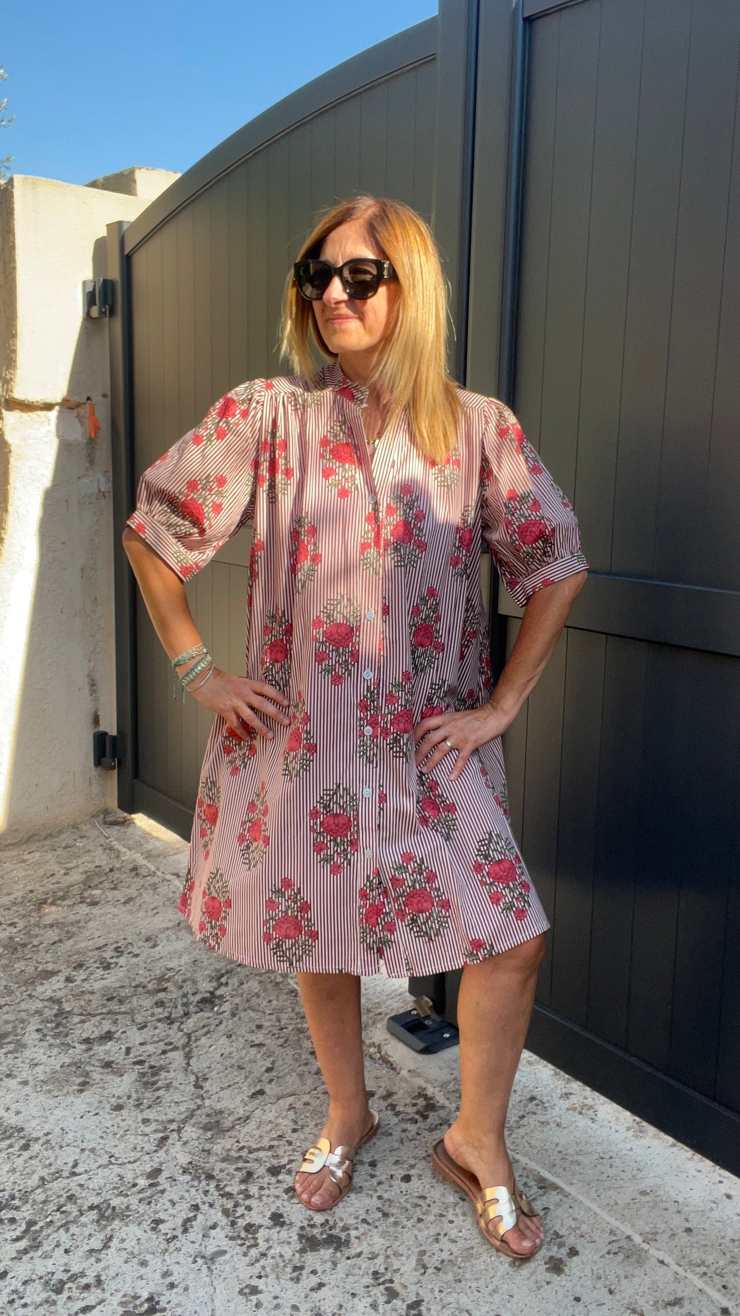 ROBE CHEMISE RAYÉE FLEURIES BORDEAUX/BLANC