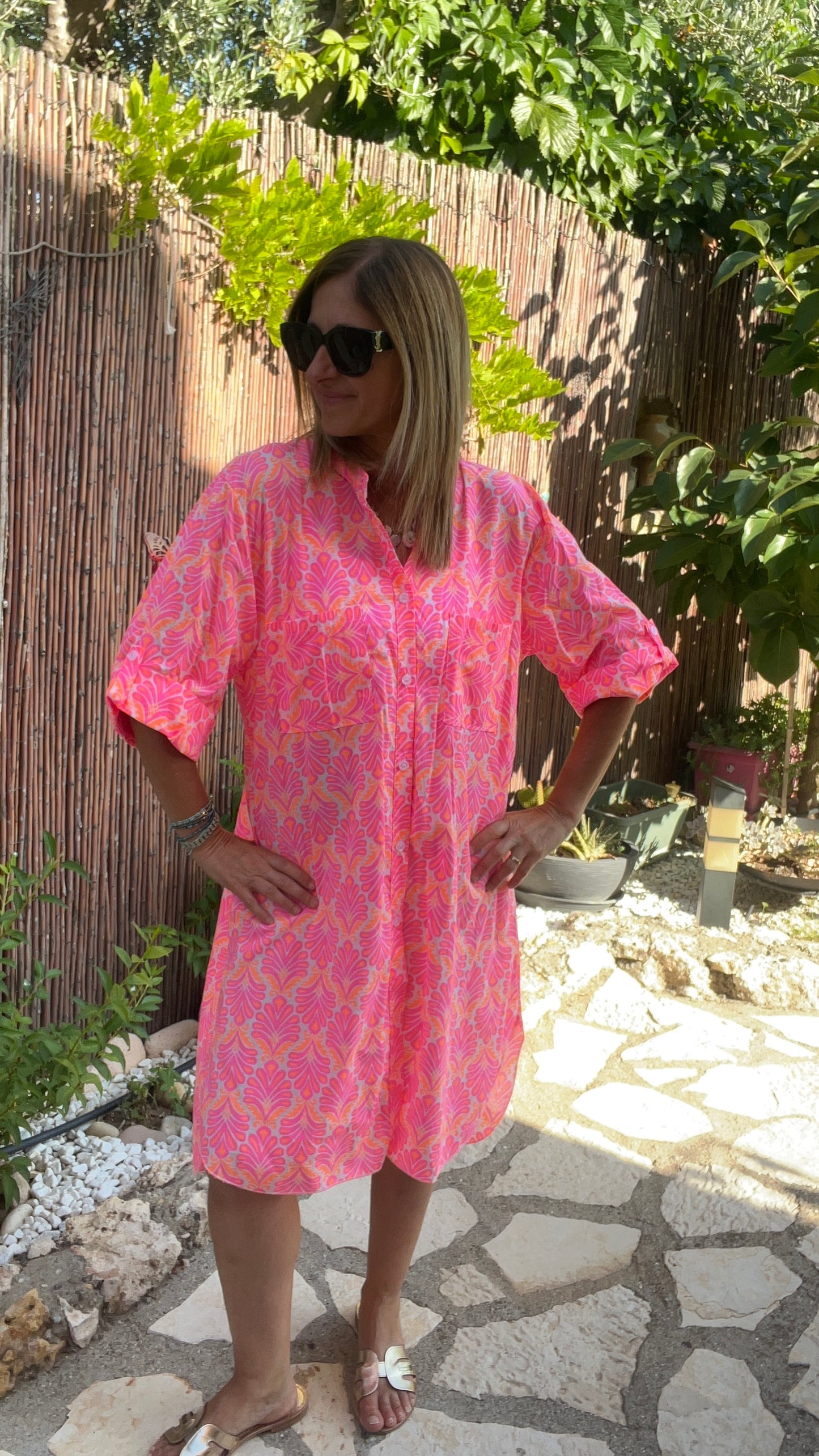 ROBE CHEMISE BLANC/ROSE FLUO/ORANGE FLUO "ECLAT TROPICAL"
