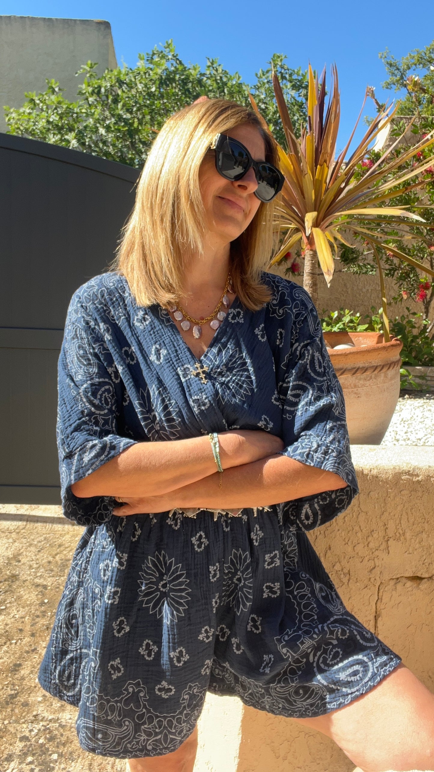 COMBISHORT BLEU MARINE GAZE DE COTON BANDANA