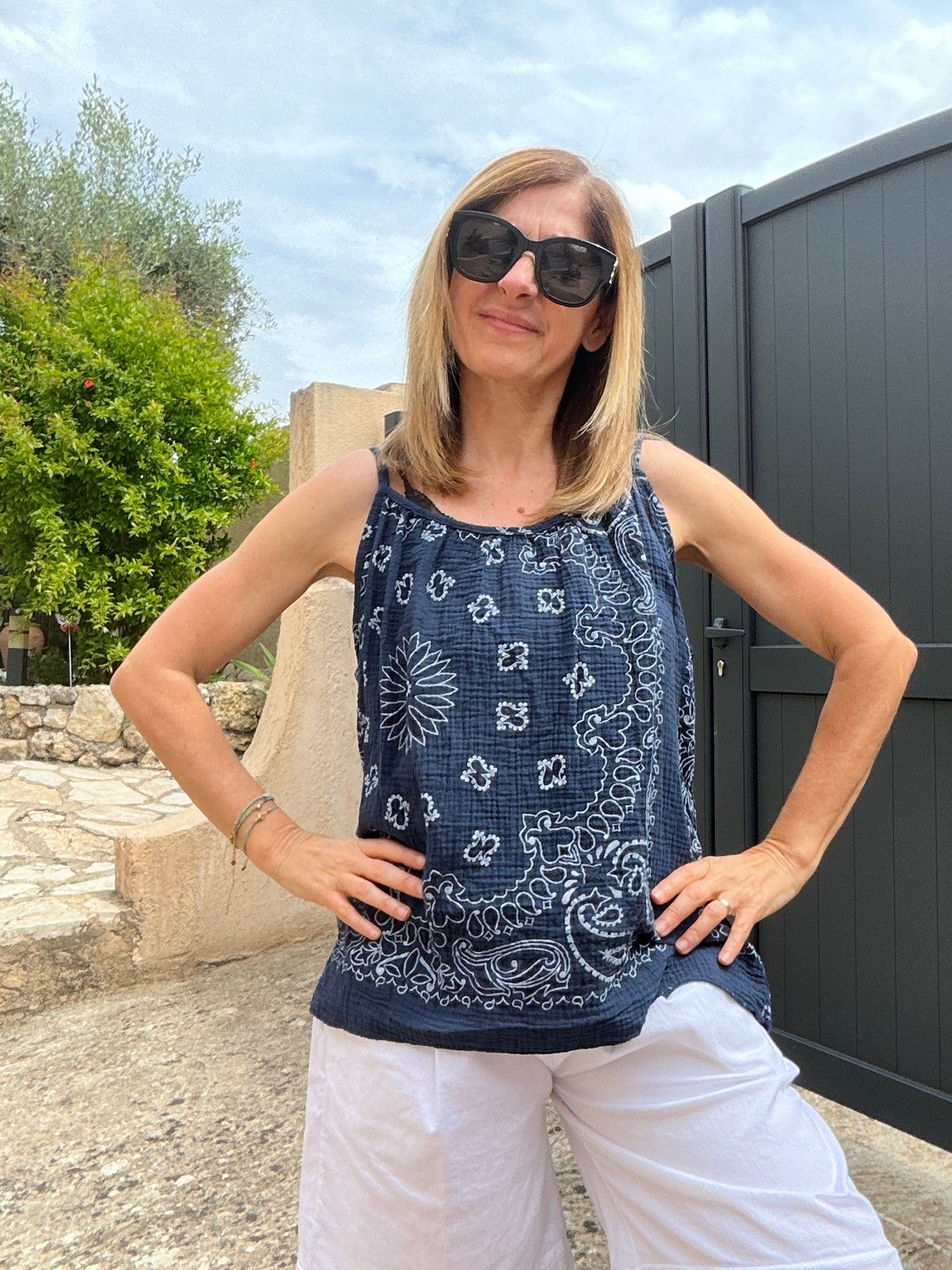 TOP BLEU MARINE BANDANA GAZE DE COTON
