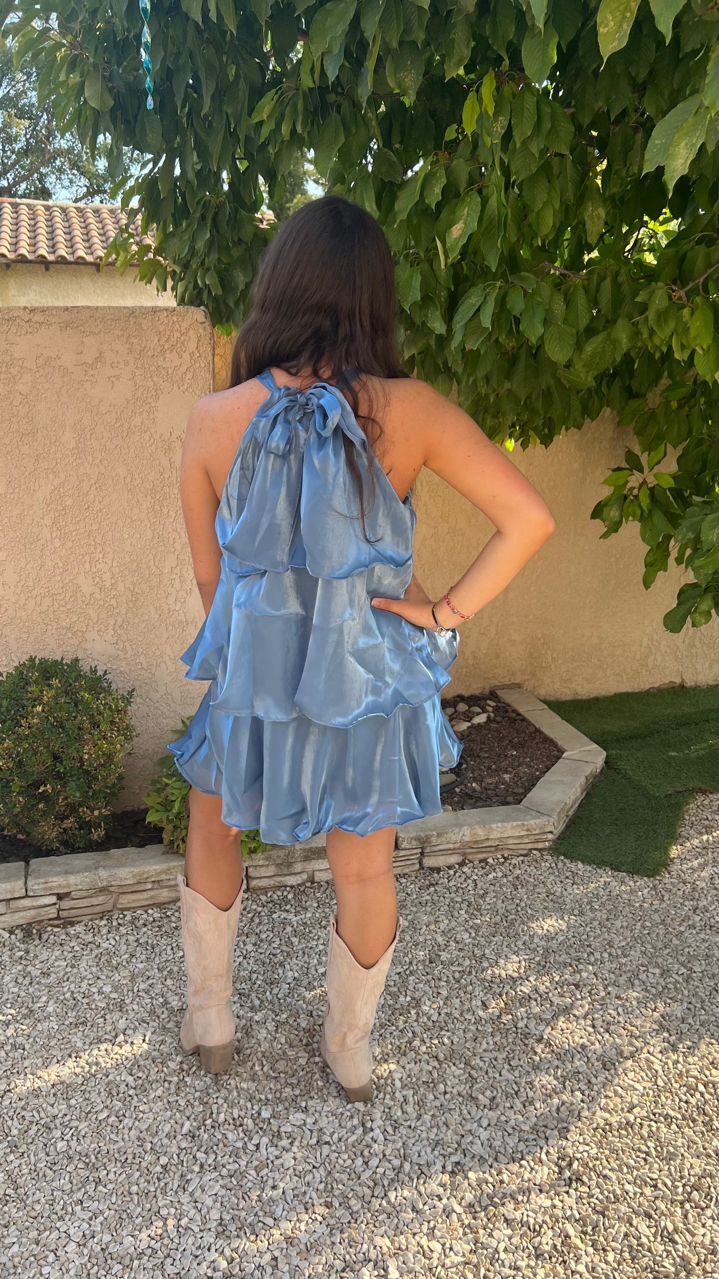 Robe à volant bleu jean Clémence dos